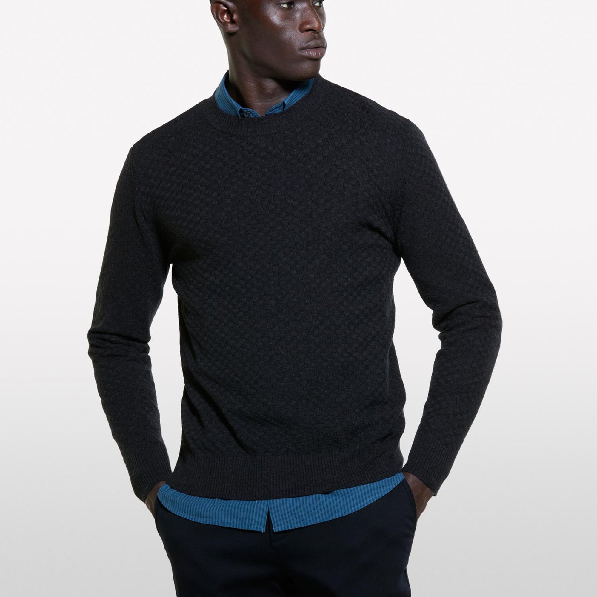 Erkek Koyu Gri Yün Karışımlı Uzun Kollu Ribanalı Kazak