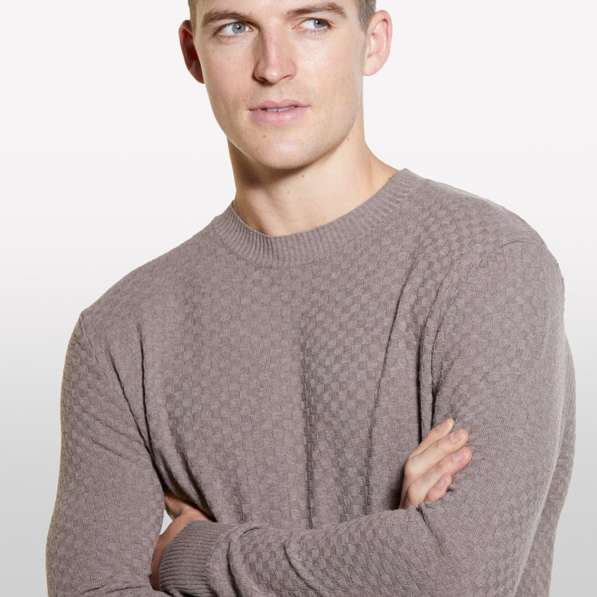 Erkek Kahve Melanj Yün Karışımlı Uzun Kollu Ribanalı Kazak