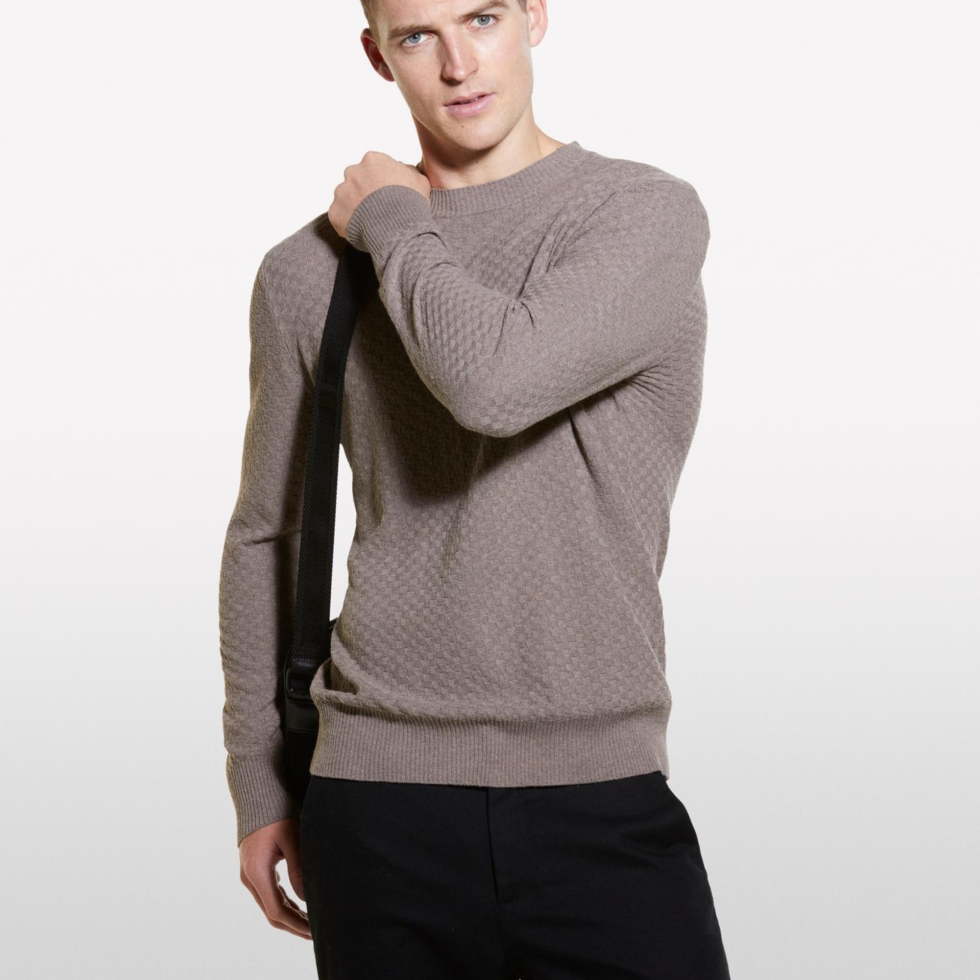 Erkek Kahve Melanj Yün Karışımlı Uzun Kollu Ribanalı Kazak