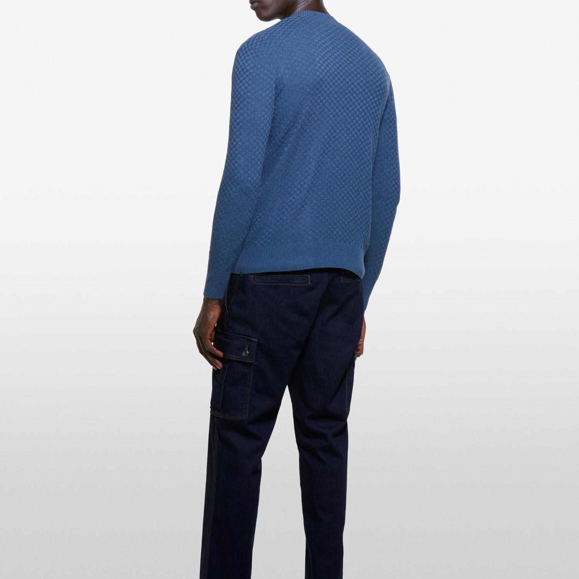 Erkek Petrol Mavisi Yün Karışımlı Uzun Kollu Ribanalı Kazak