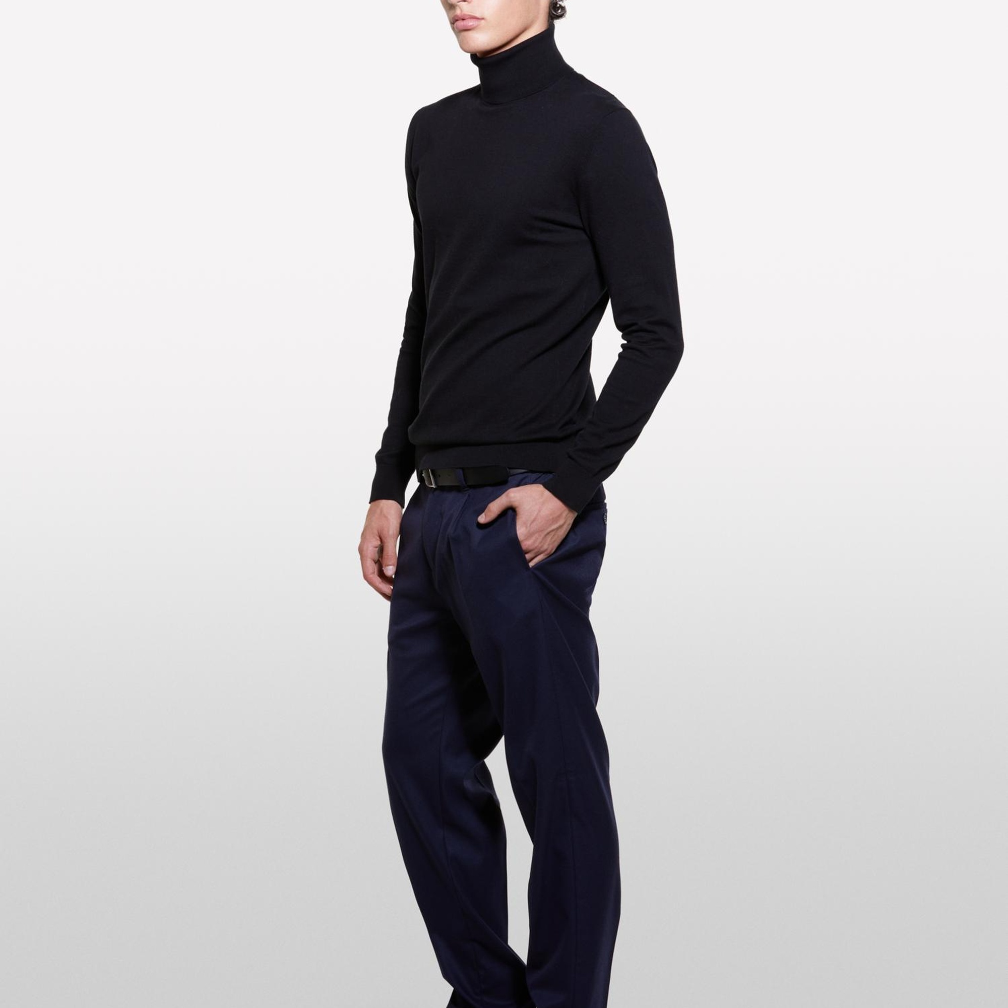 Erkek Siyah Koton Karışımlı Dik Yaka Kazak