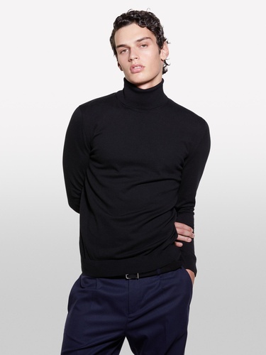  Erkek Siyah Koton Karışımlı Dik Yaka Kazak