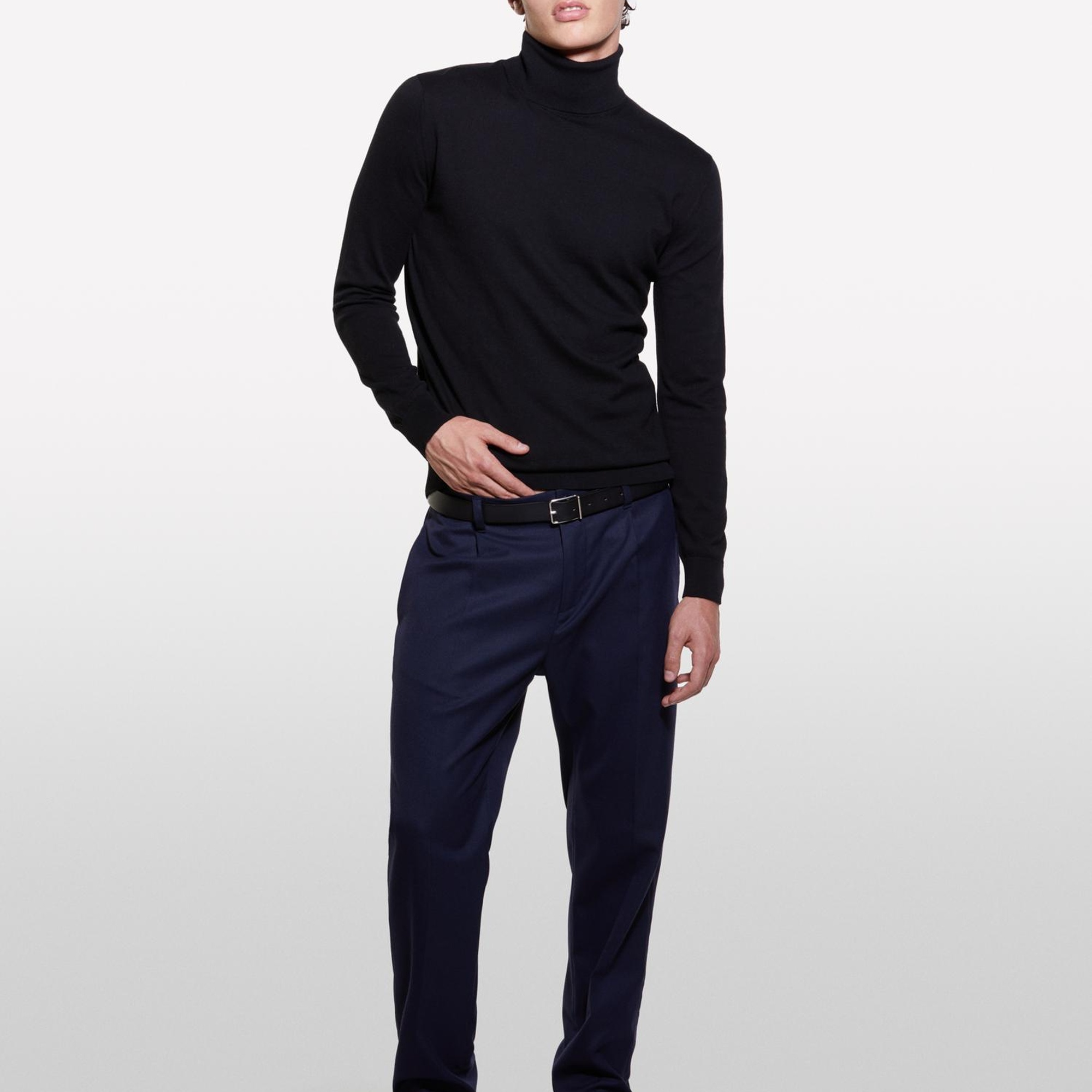 Erkek Siyah Koton Karışımlı Dik Yaka Kazak