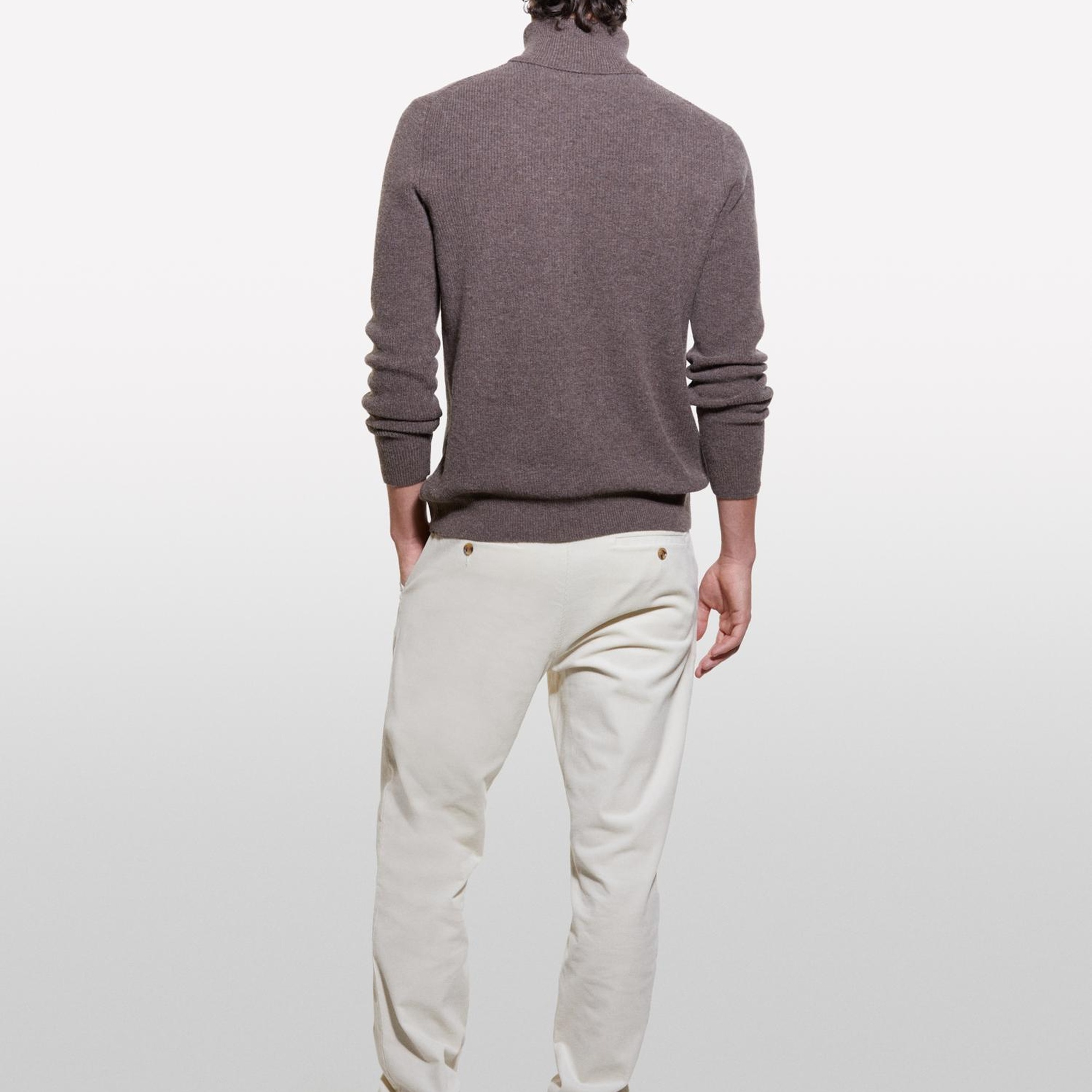 Erkek Kahverengi Yün Karışımlı Dik Yaka Kazak