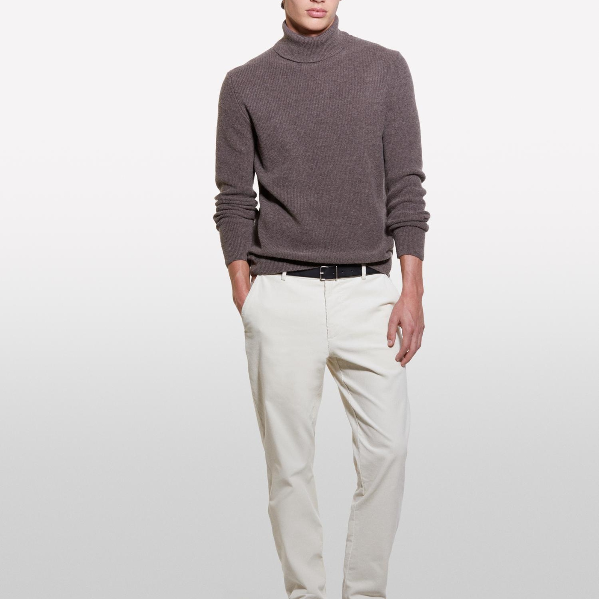 Erkek Kahverengi Yün Karışımlı Dik Yaka Kazak