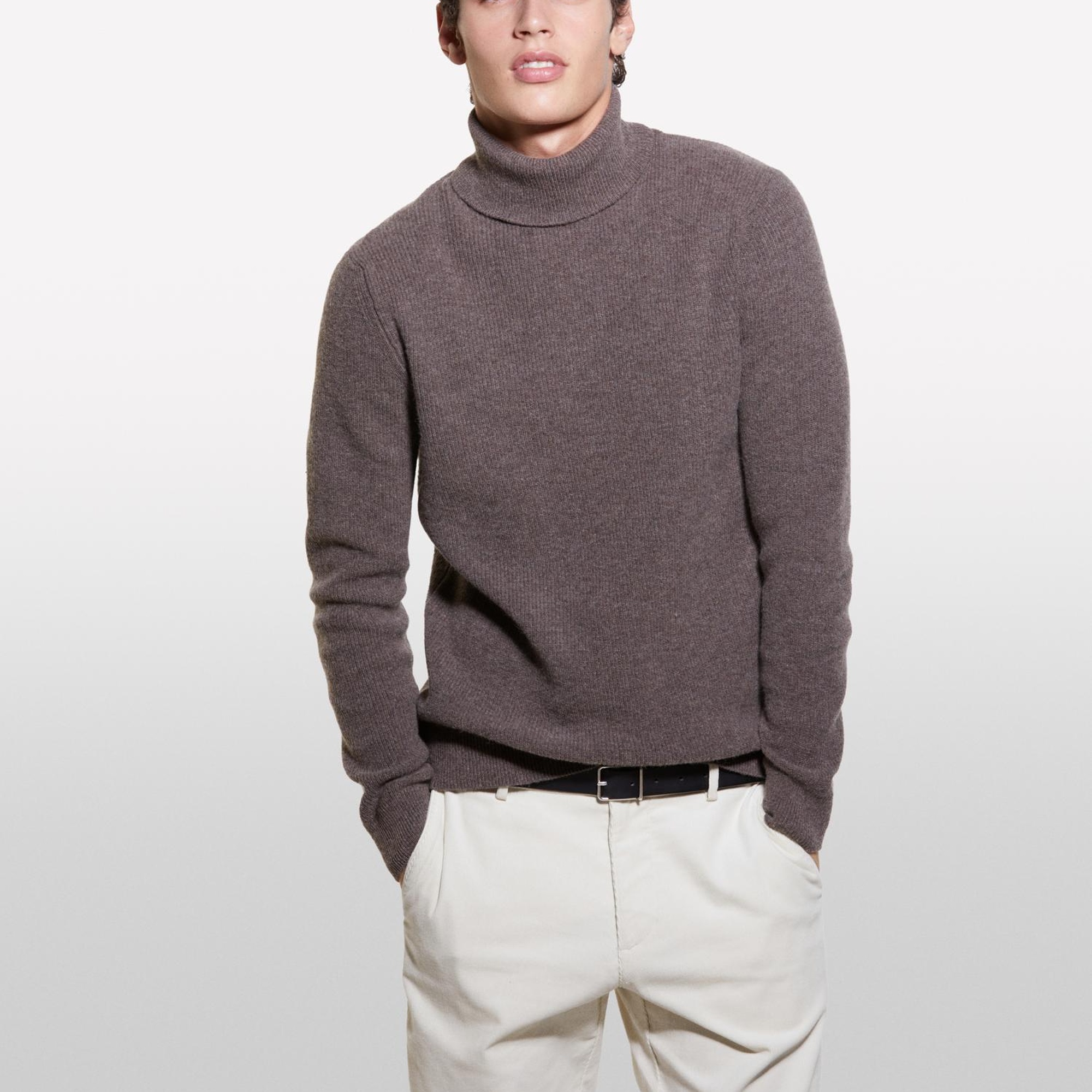 Erkek Kahverengi Yün Karışımlı Dik Yaka Kazak