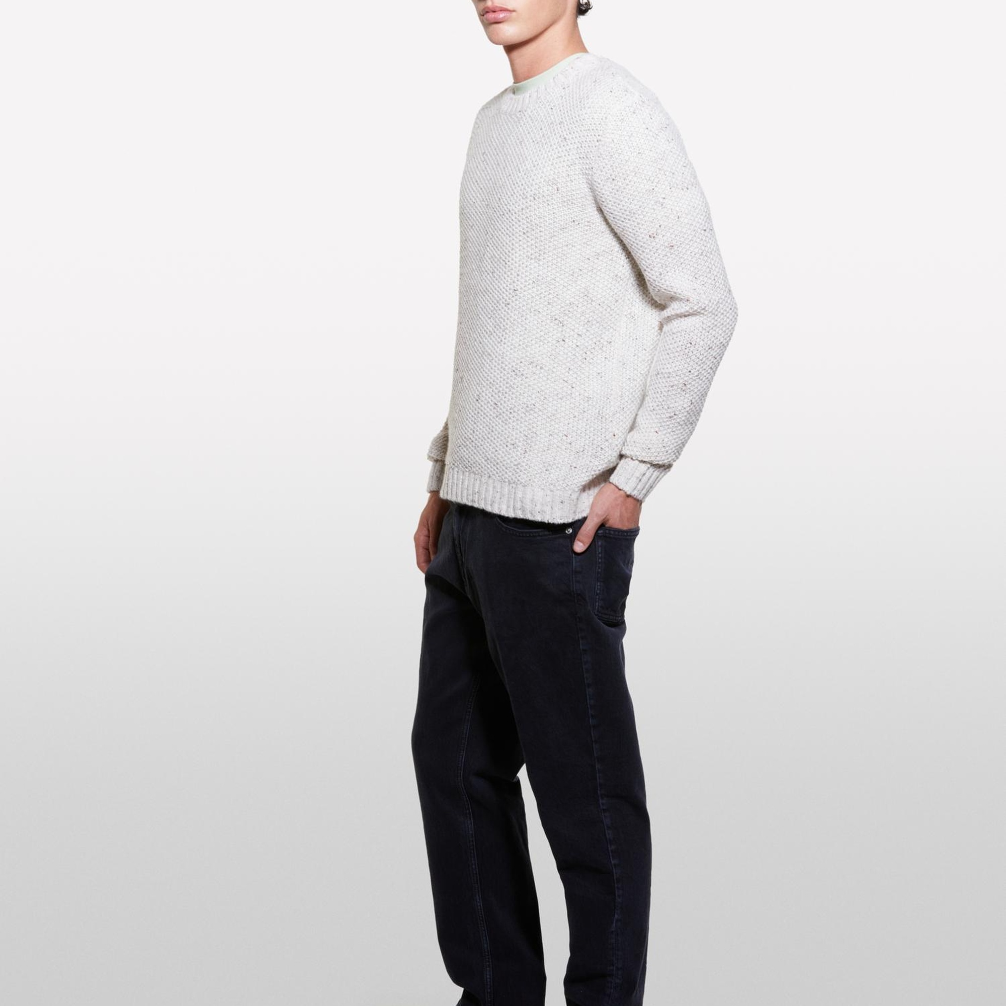 Erkek Bej Yün Karışımlı Normal Kesim Ribanalı Bisiklet Yaka Kazak