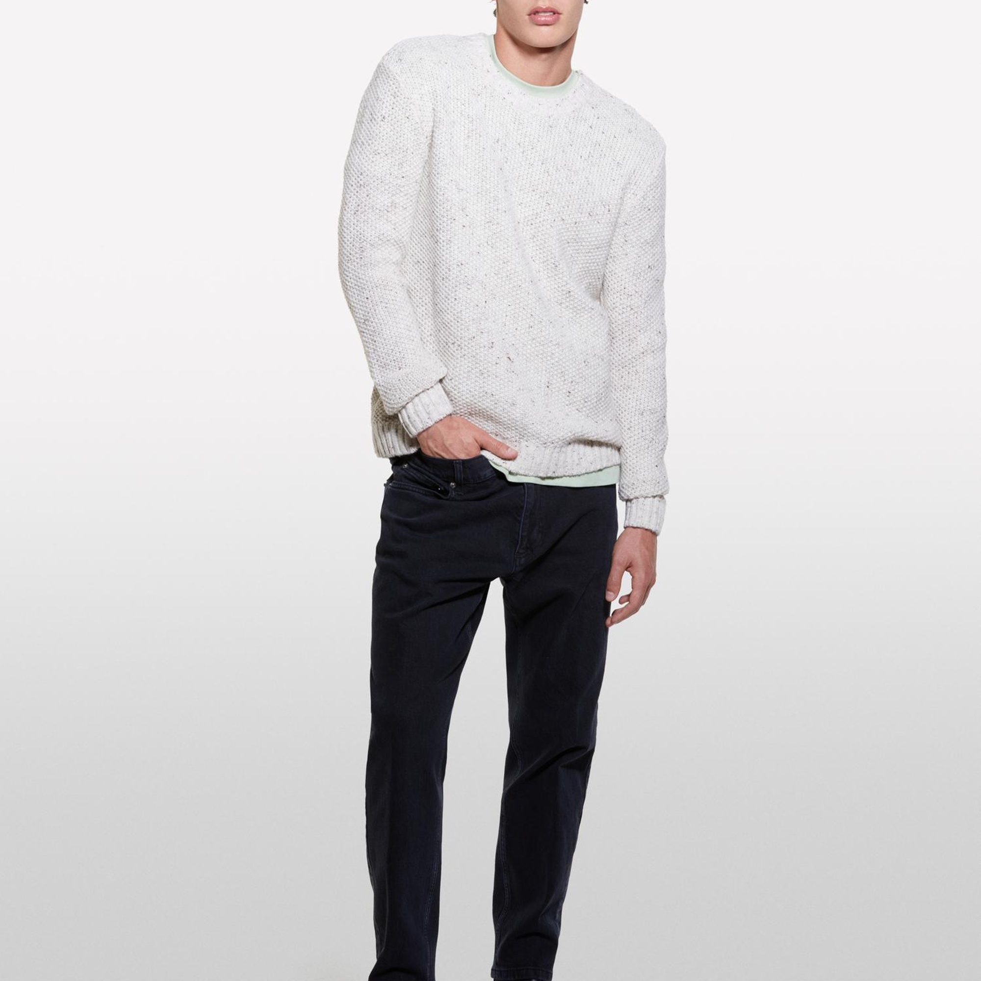 Erkek Bej Yün Karışımlı Normal Kesim Ribanalı Bisiklet Yaka Kazak