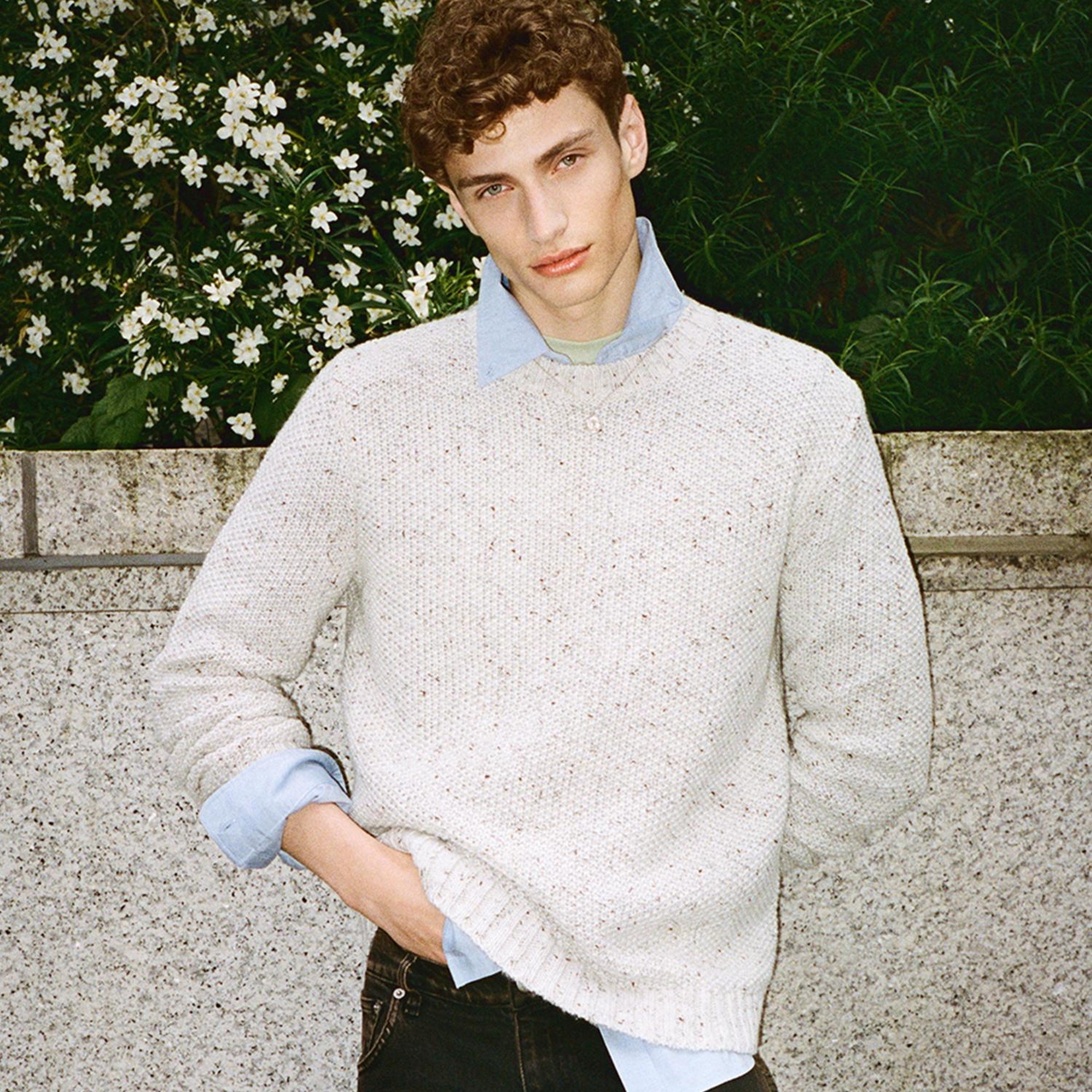 Erkek Bej Yün Karışımlı Normal Kesim Ribanalı Bisiklet Yaka Kazak