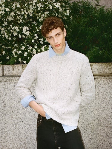  Erkek Bej Yün Karışımlı Normal Kesim Ribanalı Bisiklet Yaka Kazak