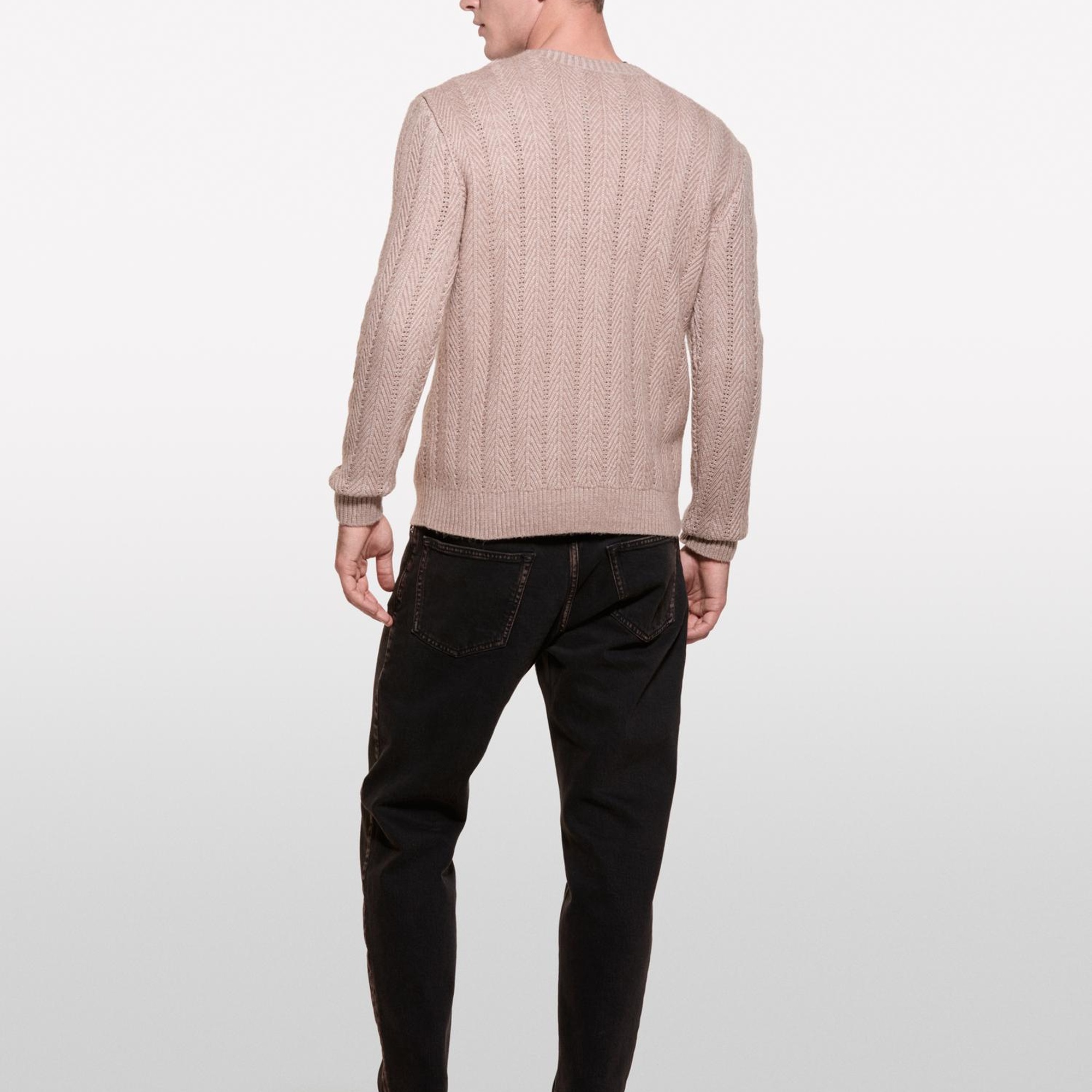 Erkek Açık Kahve Melanj Viskoz Karışımlı Normal Kesim Balıksırtı Desenli Kazak