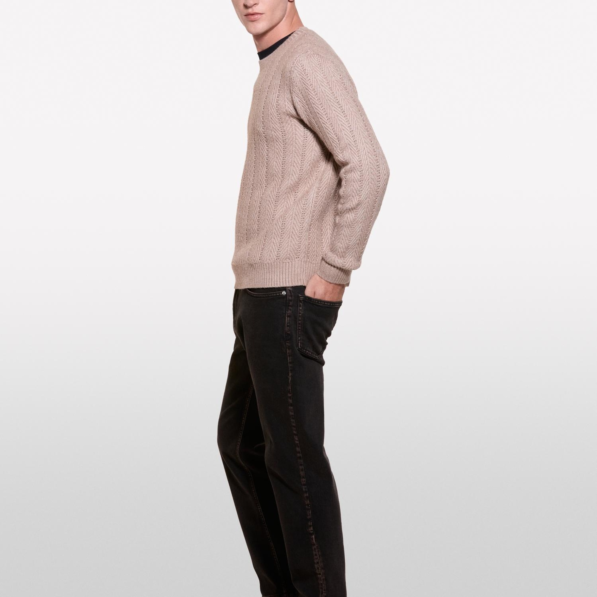 Erkek Açık Kahve Melanj Viskoz Karışımlı Normal Kesim Balıksırtı Desenli Kazak