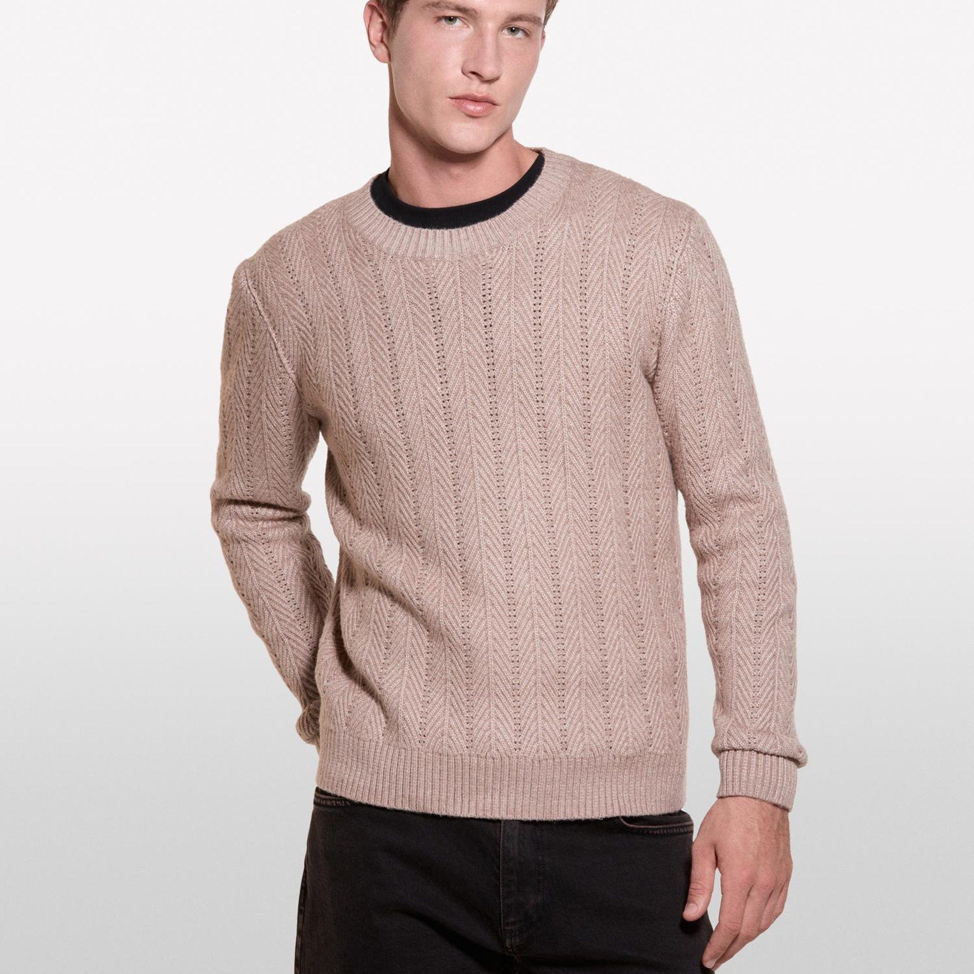 Erkek Açık Kahve Melanj Viskoz Karışımlı Normal Kesim Balıksırtı Desenli Kazak