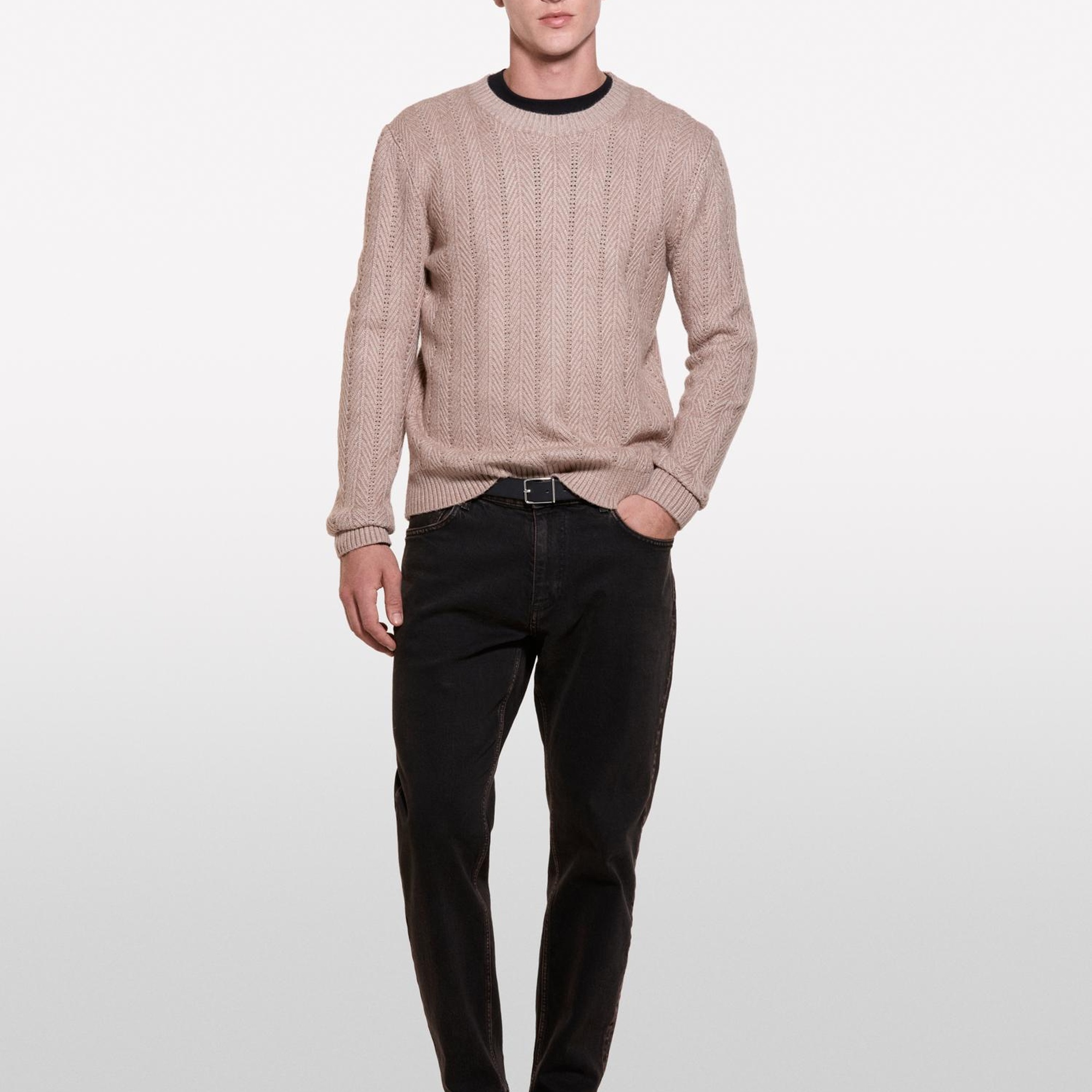 Erkek Açık Kahve Melanj Viskoz Karışımlı Normal Kesim Balıksırtı Desenli Kazak