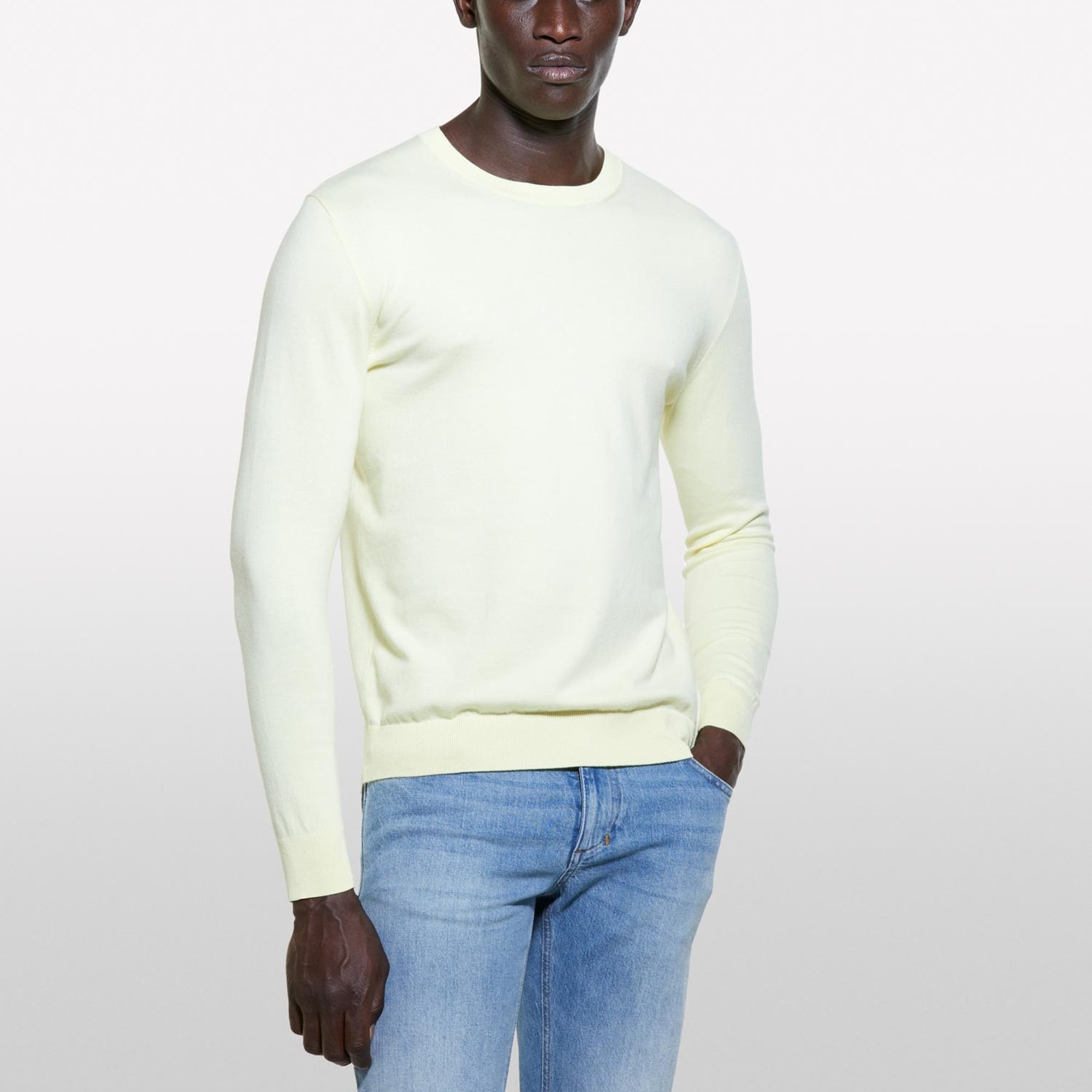 Erkek Açık Sarı Pamuk Karışımlı Normal Kesim Uzun Kollu Ribanalı Kazak