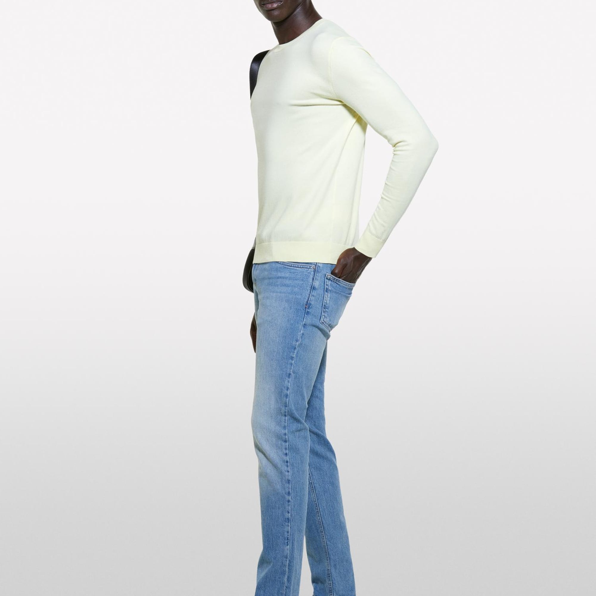 Erkek Açık Sarı Pamuk Karışımlı Normal Kesim Uzun Kollu Ribanalı Kazak