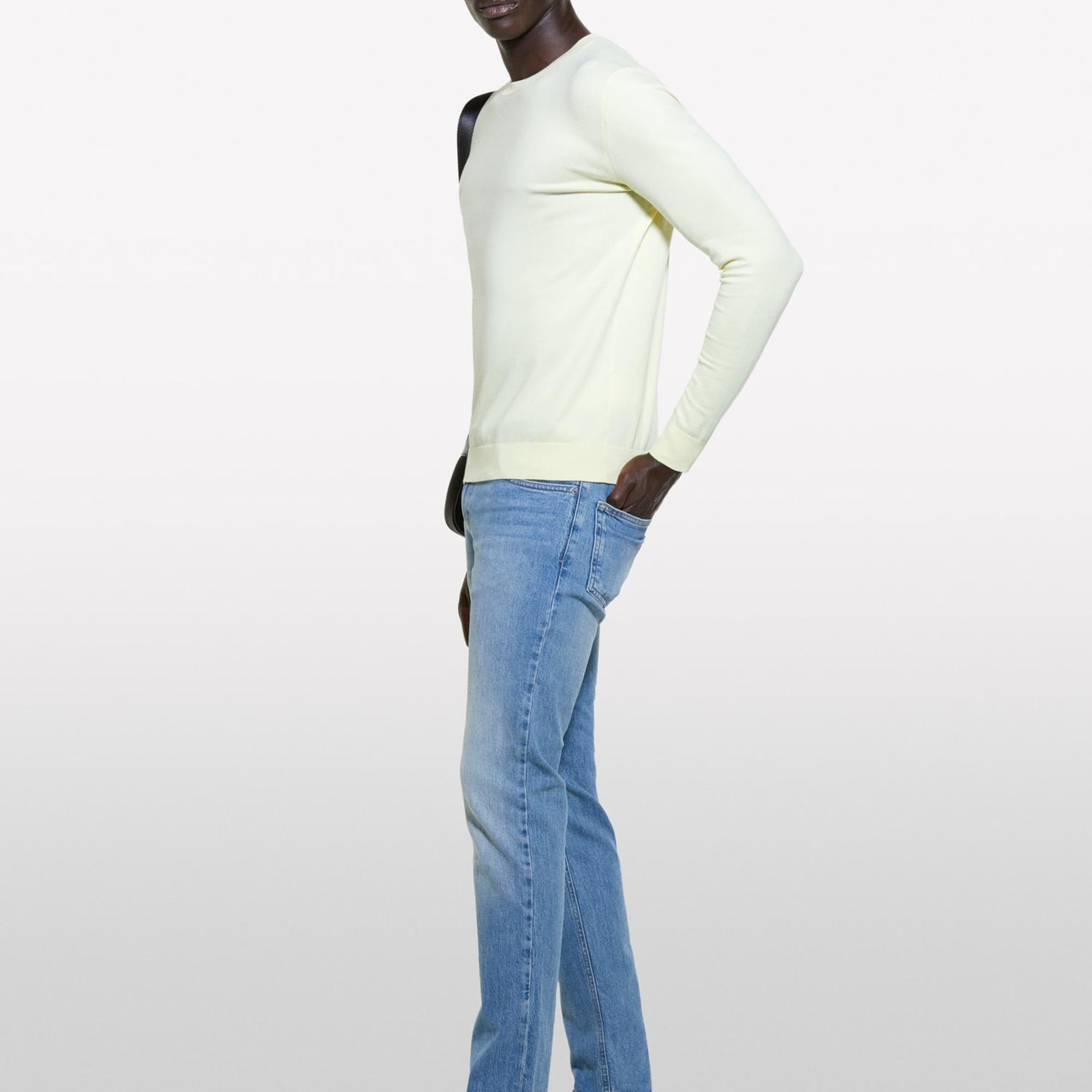 Erkek Açık Sarı Pamuk Karışımlı Normal Kesim Uzun Kollu Ribanalı Kazak