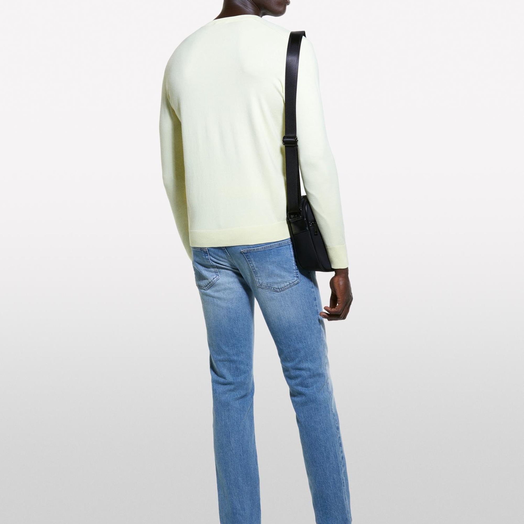 Erkek Açık Sarı Pamuk Karışımlı Normal Kesim Uzun Kollu Ribanalı Kazak