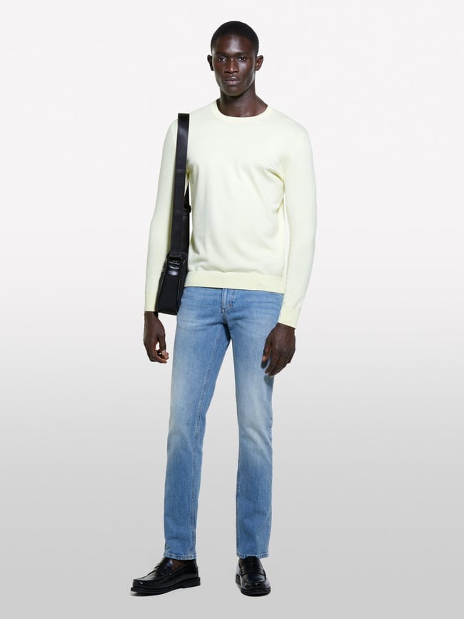  Erkek Açık Sarı Pamuk Karışımlı Normal Kesim Uzun Kollu Ribanalı Kazak