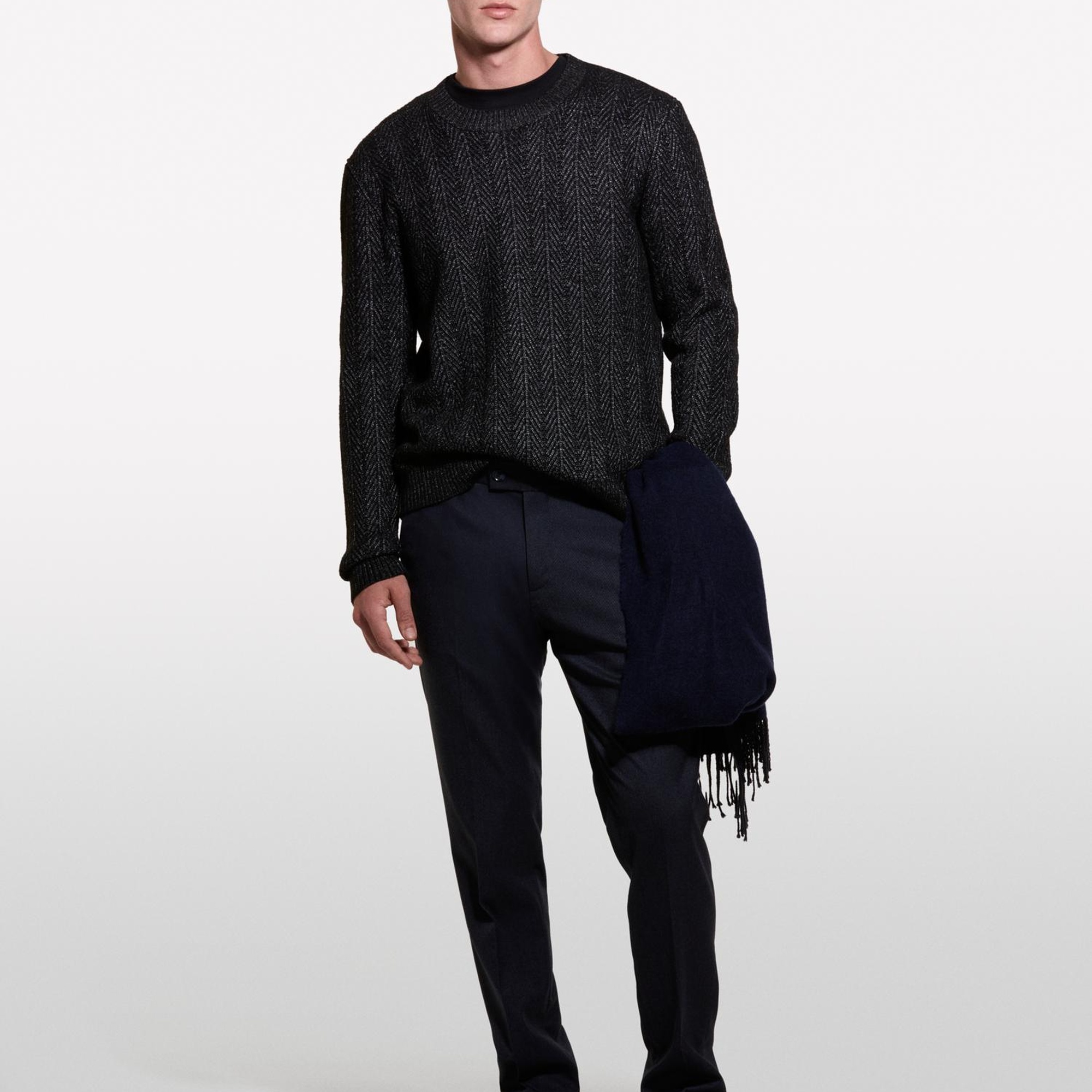 Erkek Siyah Melanj Viskoz Karışımlı Normal Kesim Balıksırtı Desenli Kazak