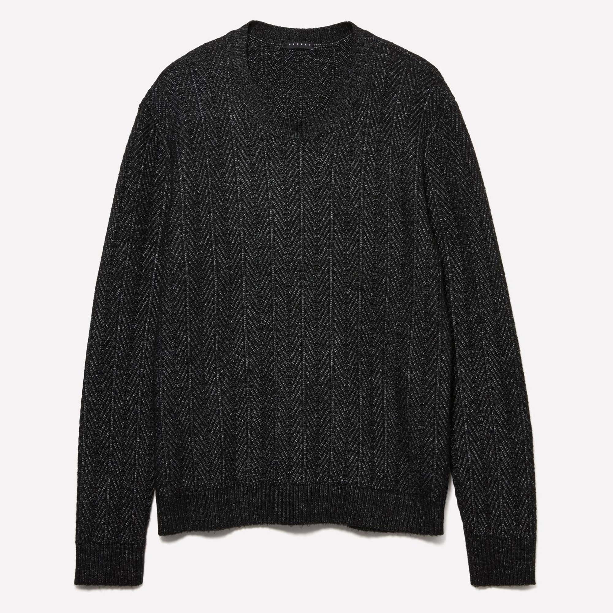 Erkek Siyah Melanj Viskoz Karışımlı Normal Kesim Balıksırtı Desenli Kazak