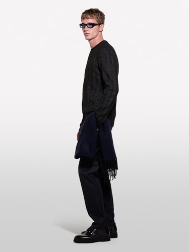  Erkek Siyah Melanj Viskoz Karışımlı Normal Kesim Balıksırtı Desenli Kazak