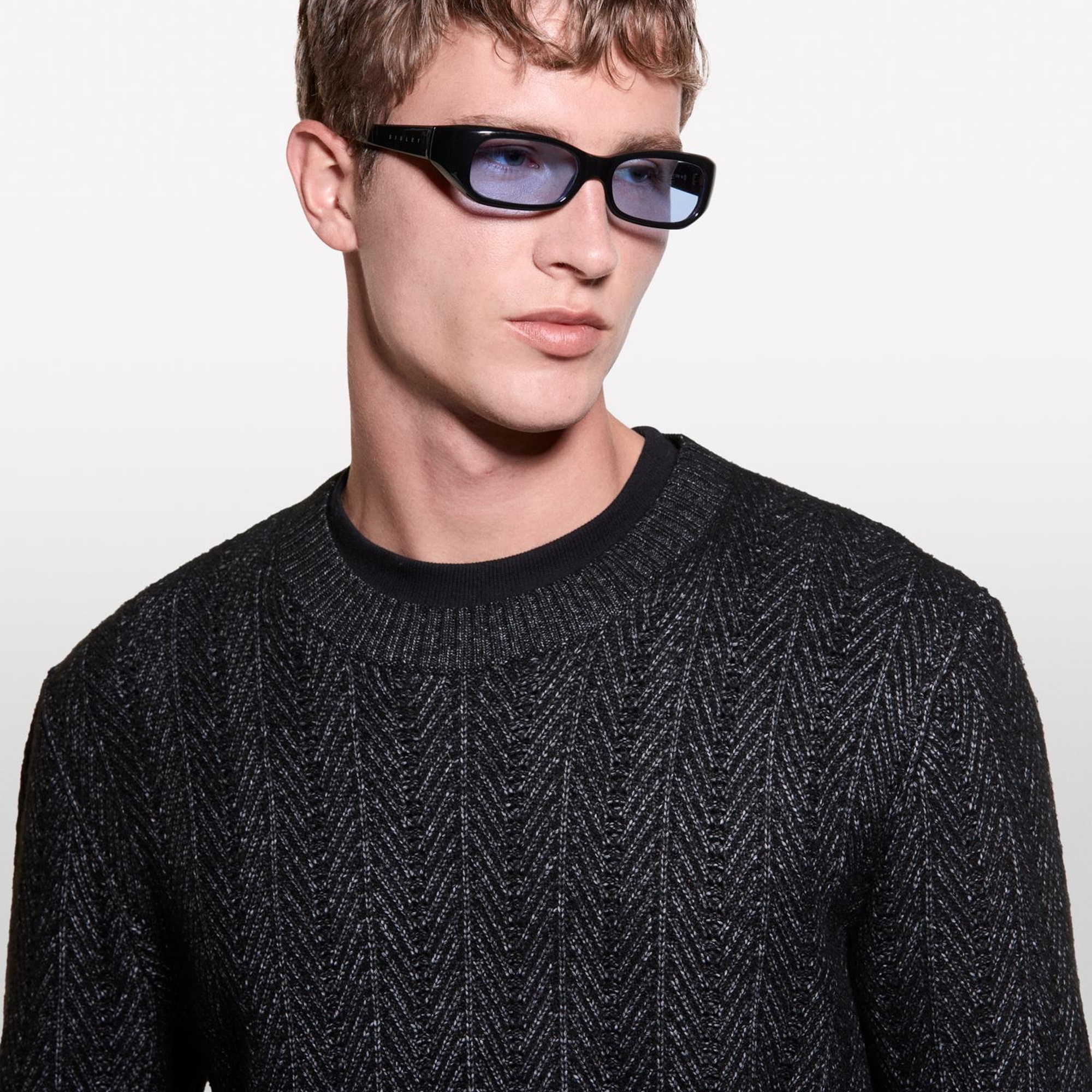 Erkek Siyah Melanj Viskoz Karışımlı Normal Kesim Balıksırtı Desenli Kazak