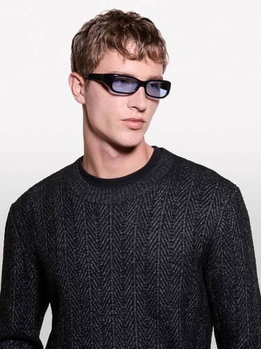  Erkek Siyah Melanj Viskoz Karışımlı Normal Kesim Balıksırtı Desenli Kazak