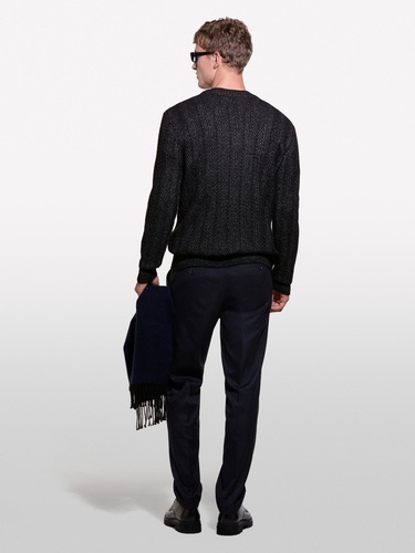  Erkek Siyah Melanj Viskoz Karışımlı Normal Kesim Balıksırtı Desenli Kazak