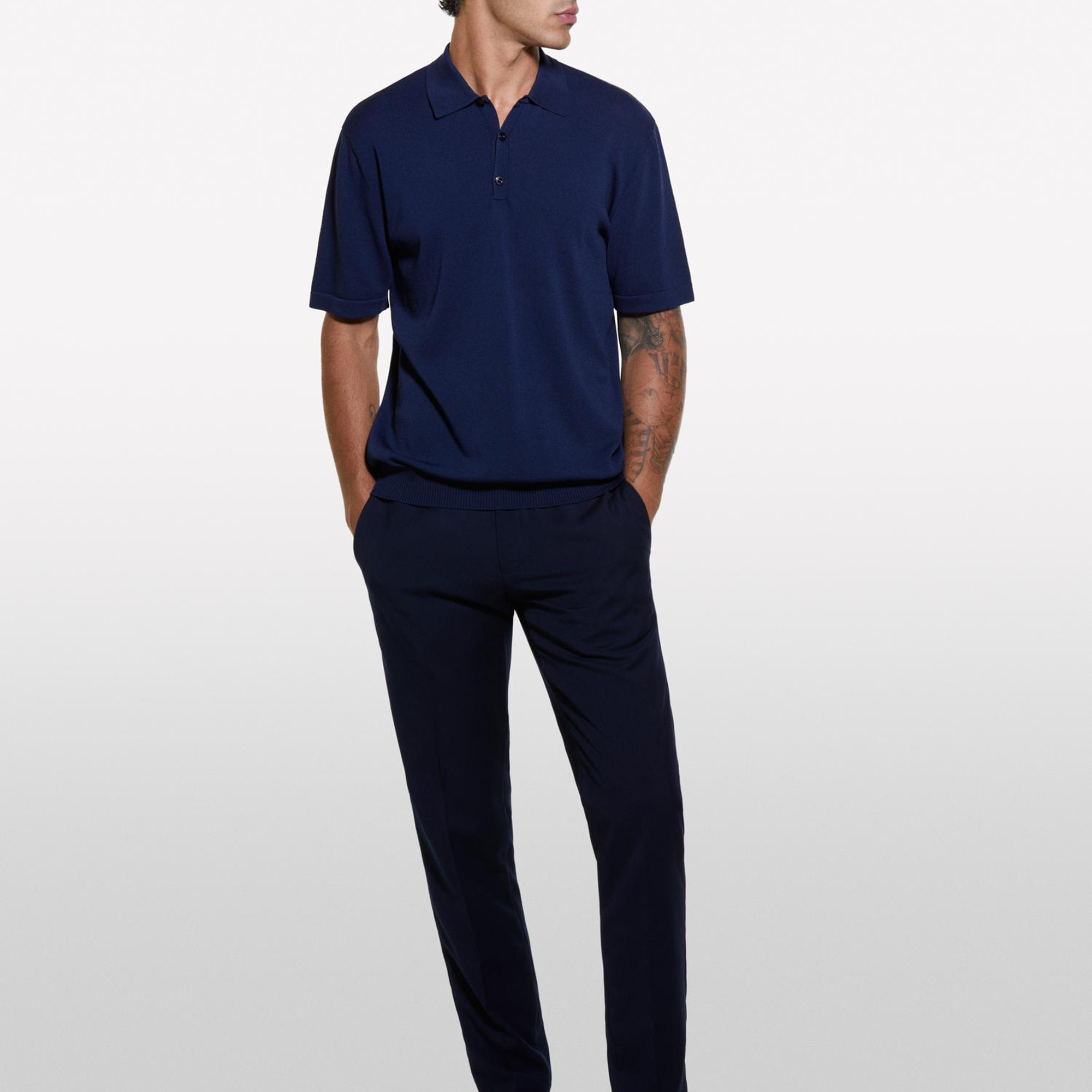 Erkek Lacivert Viskoz ve Pamuk Karışımlı Kısa Kollu Polo Yaka T-Shirt