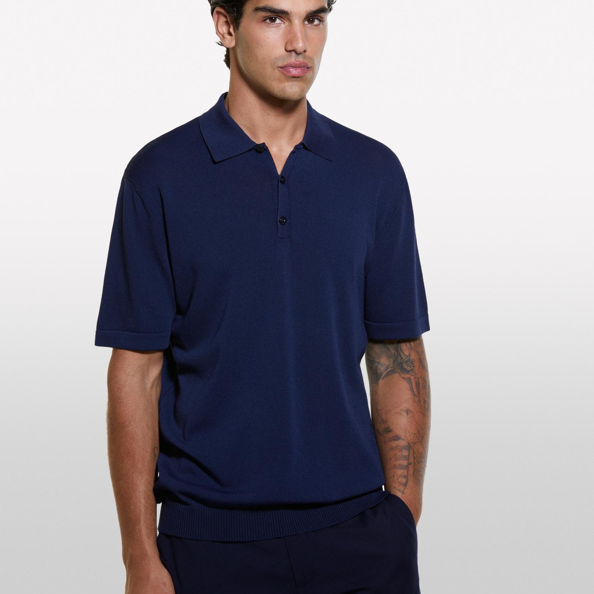 Erkek Lacivert Viskoz ve Pamuk Karışımlı Kısa Kollu Polo Yaka T-Shirt