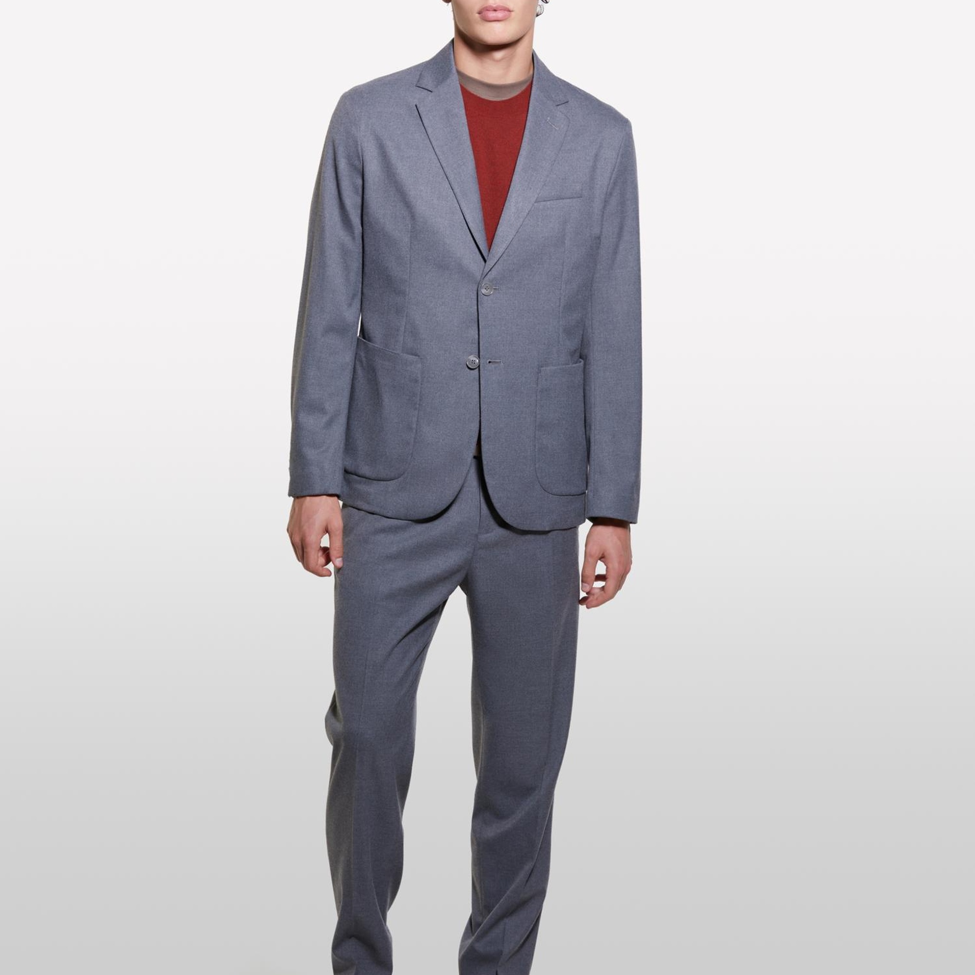 Erkek Gri Viskoz Karışımlı Cepli İki Düğmeli Sivri Yaka Ceket