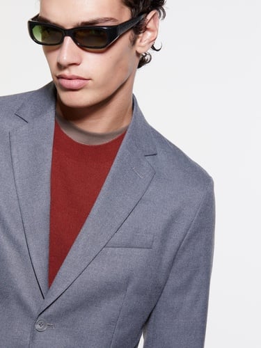  Erkek Gri Viskoz Karışımlı Cepli İki Düğmeli Sivri Yaka Ceket