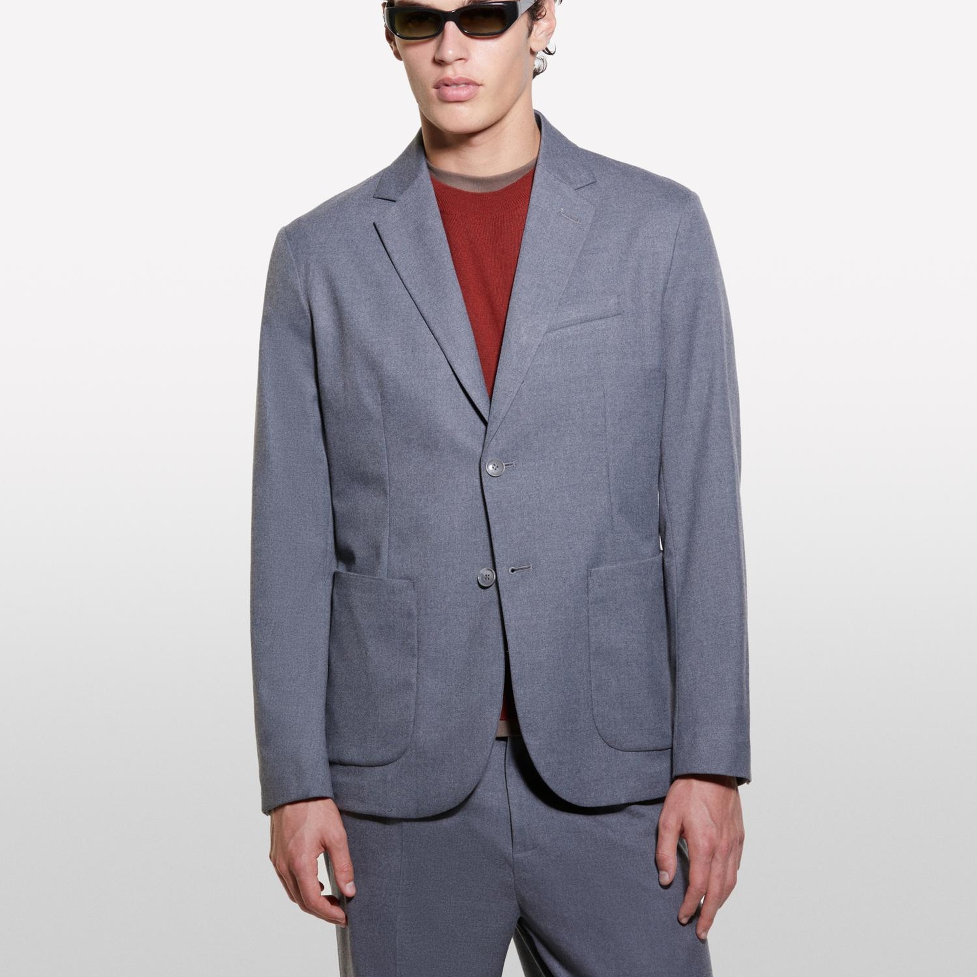 Erkek Gri Viskoz Karışımlı Cepli İki Düğmeli Sivri Yaka Ceket