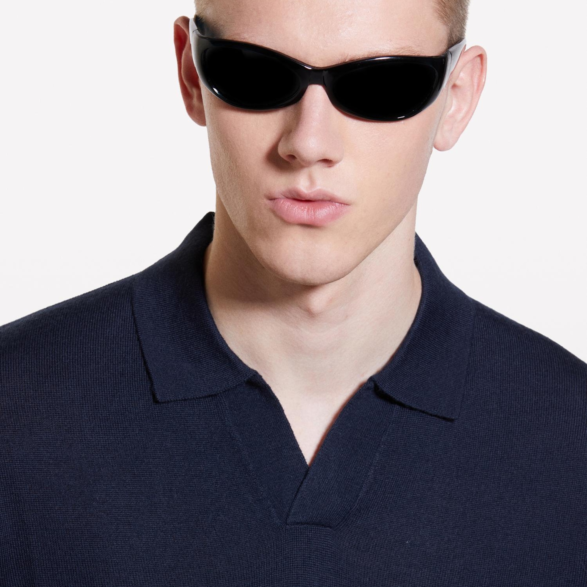 Erkek Lacivert Yün Karışımlı Normal Kesim Uzun Kollu Polo Yaka T-Shirt