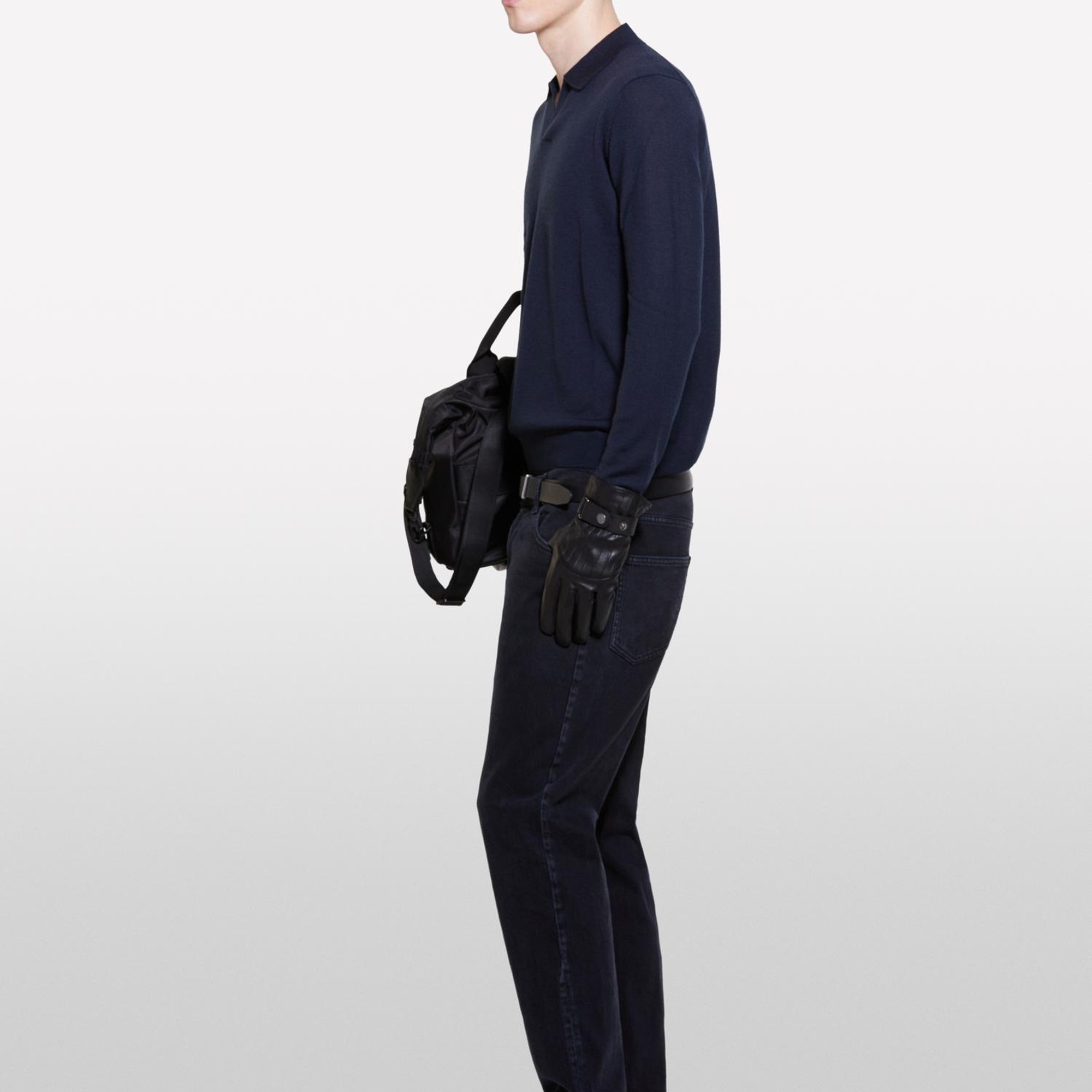 Erkek Lacivert Yün Karışımlı Normal Kesim Uzun Kollu Polo Yaka T-Shirt