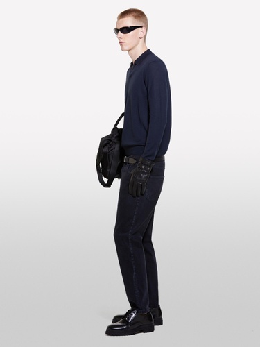  Erkek Lacivert Yün Karışımlı Normal Kesim Uzun Kollu Polo Yaka T-Shirt