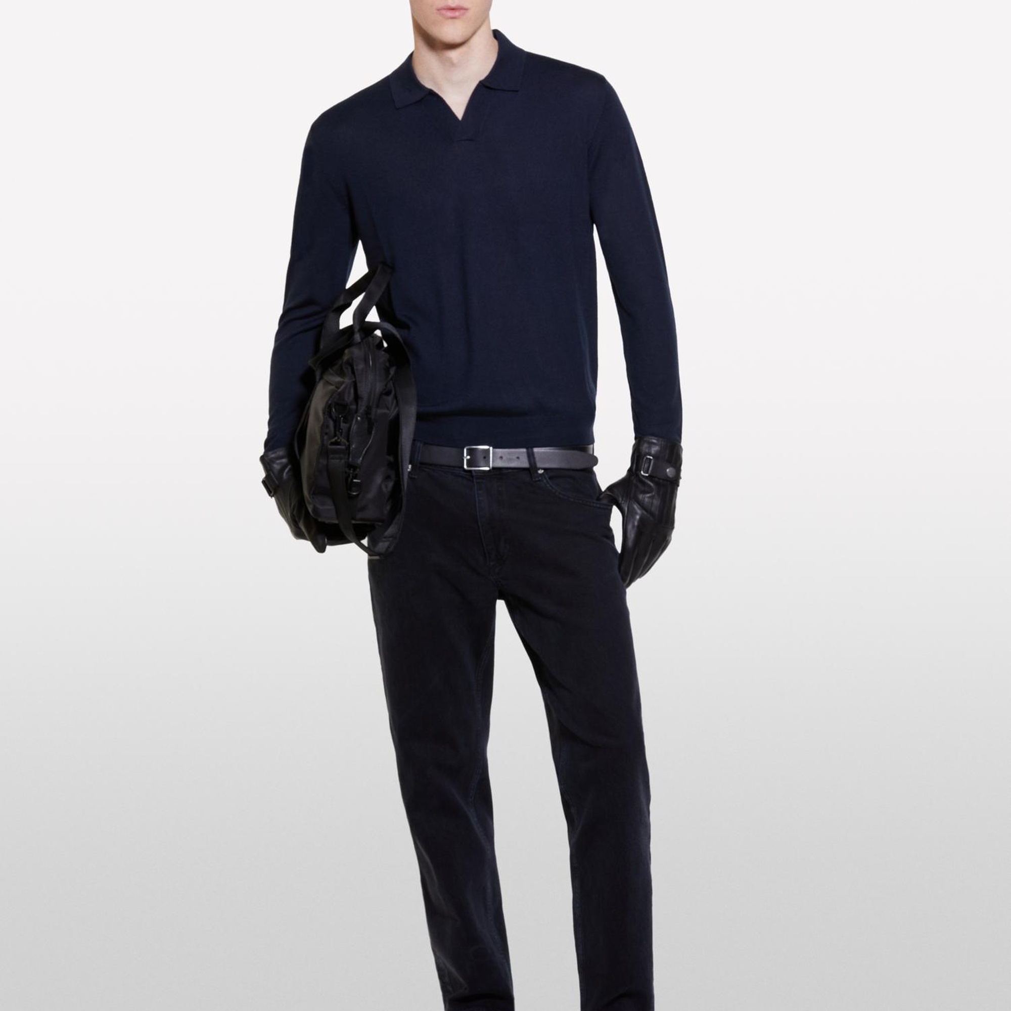 Erkek Lacivert Yün Karışımlı Normal Kesim Uzun Kollu Polo Yaka T-Shirt