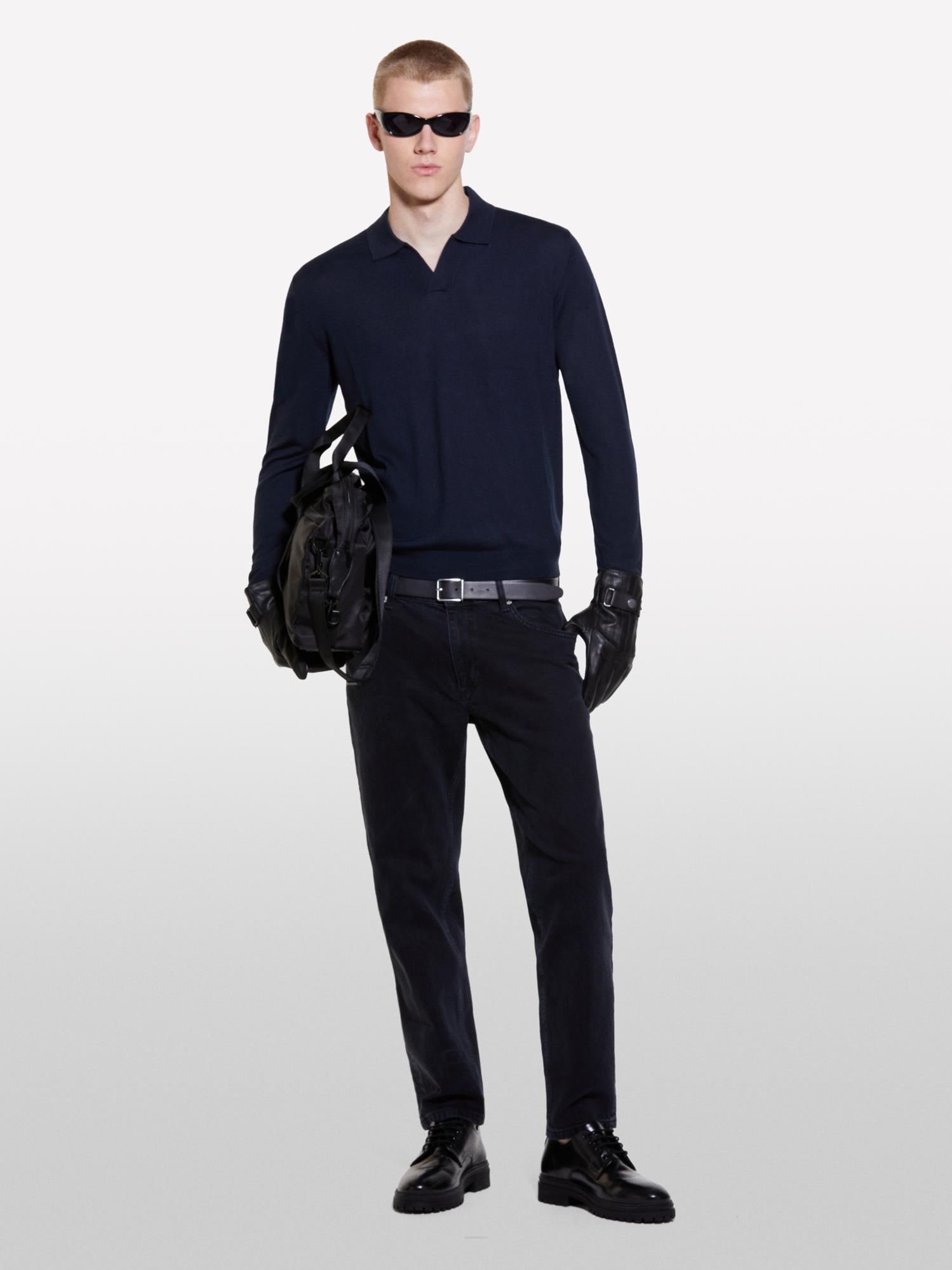  Erkek Lacivert Yün Karışımlı Normal Kesim Uzun Kollu Polo Yaka T-Shirt