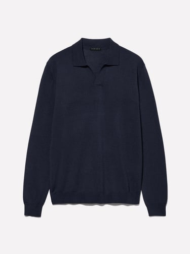  Erkek Lacivert Yün Karışımlı Normal Kesim Uzun Kollu Polo Yaka T-Shirt