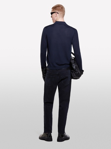  Erkek Lacivert Yün Karışımlı Normal Kesim Uzun Kollu Polo Yaka T-Shirt