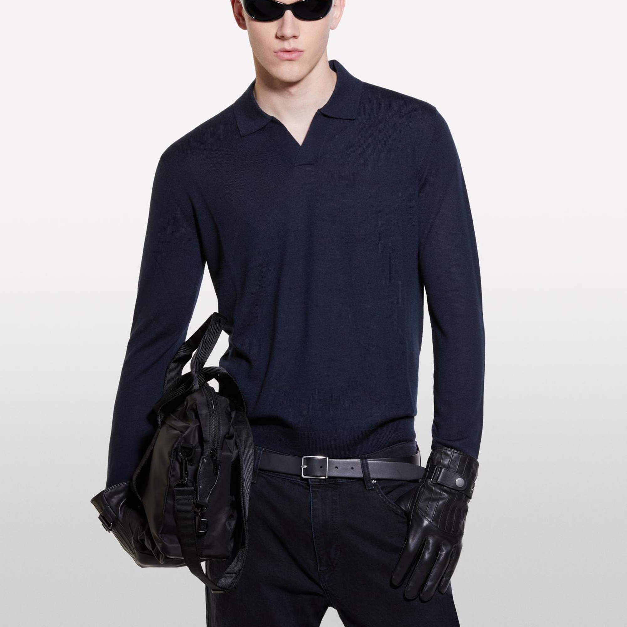 Erkek Lacivert Yün Karışımlı Normal Kesim Uzun Kollu Polo Yaka T-Shirt