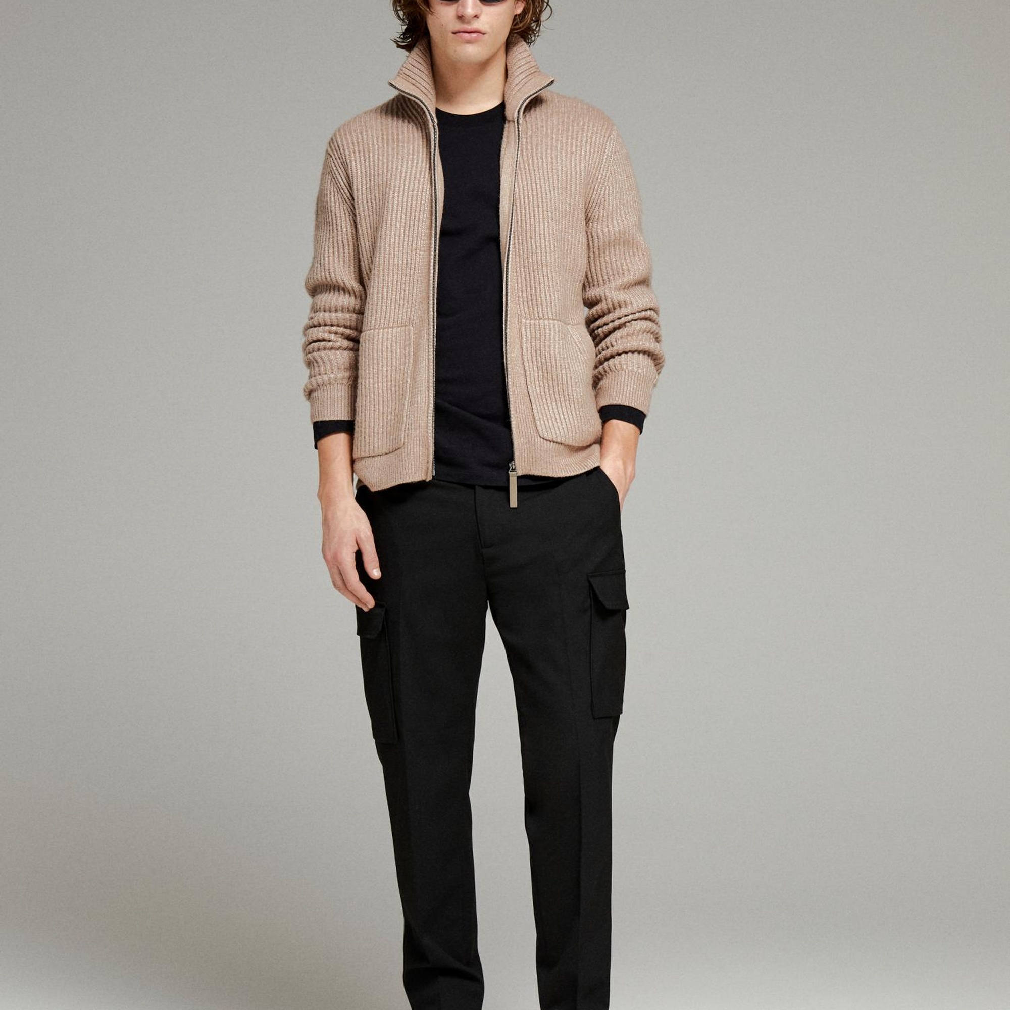 Erkek Vizon Viskoz Karışımlı Yanları Cepli Fermuarlı Yüksek Yaka Hırka