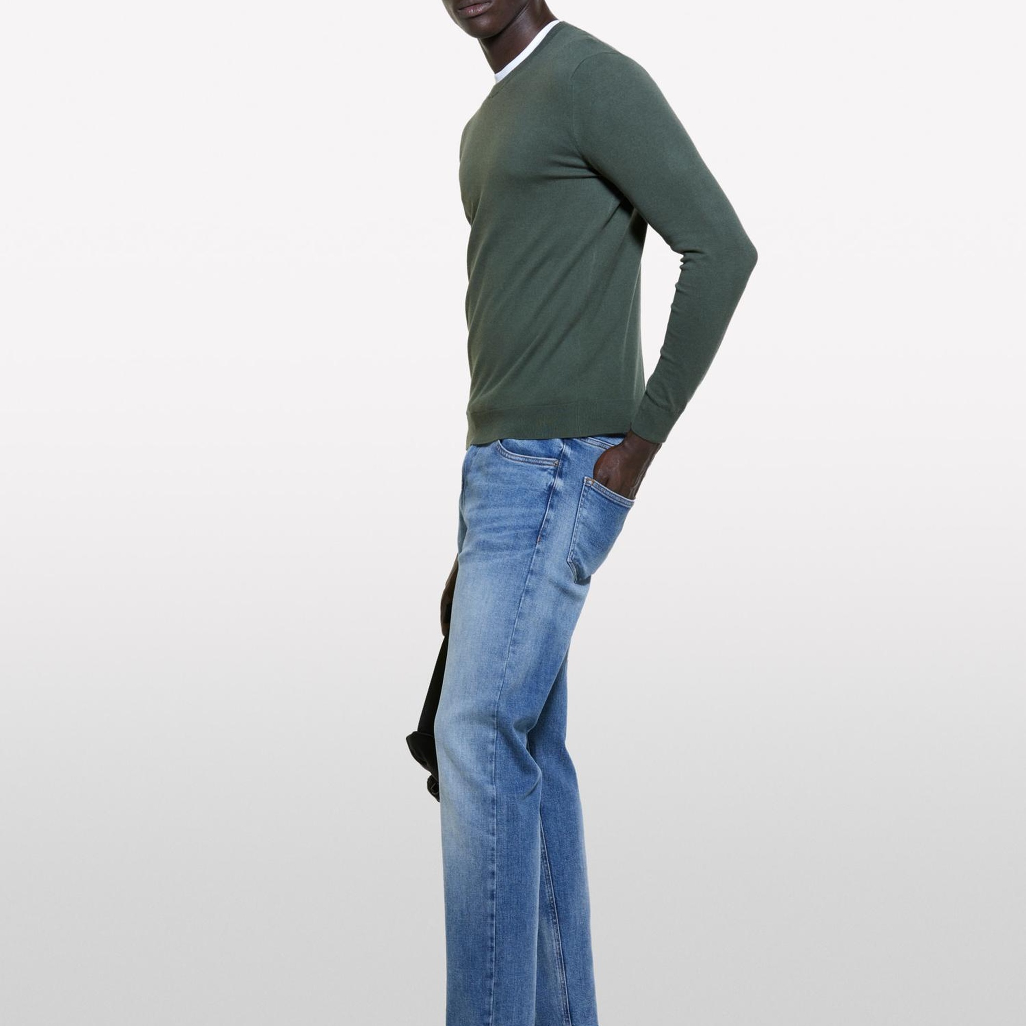 Erkek Koyu Yeşil Pamuk Karışımlı Normal Kesim Uzun Kollu Ribanalı Kazak