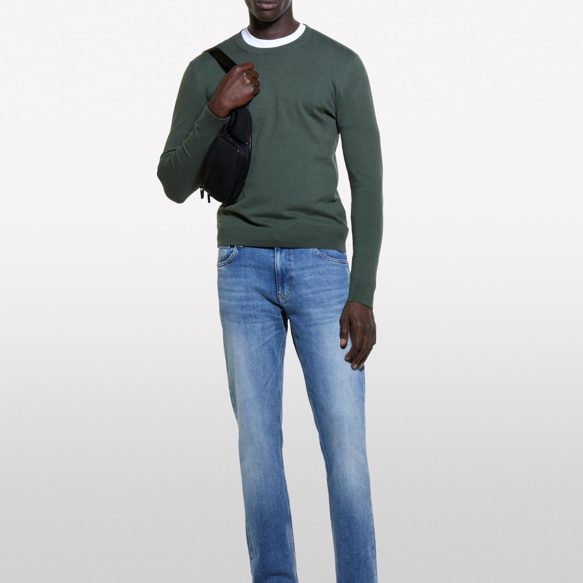 Erkek Koyu Yeşil Pamuk Karışımlı Normal Kesim Uzun Kollu Ribanalı Kazak