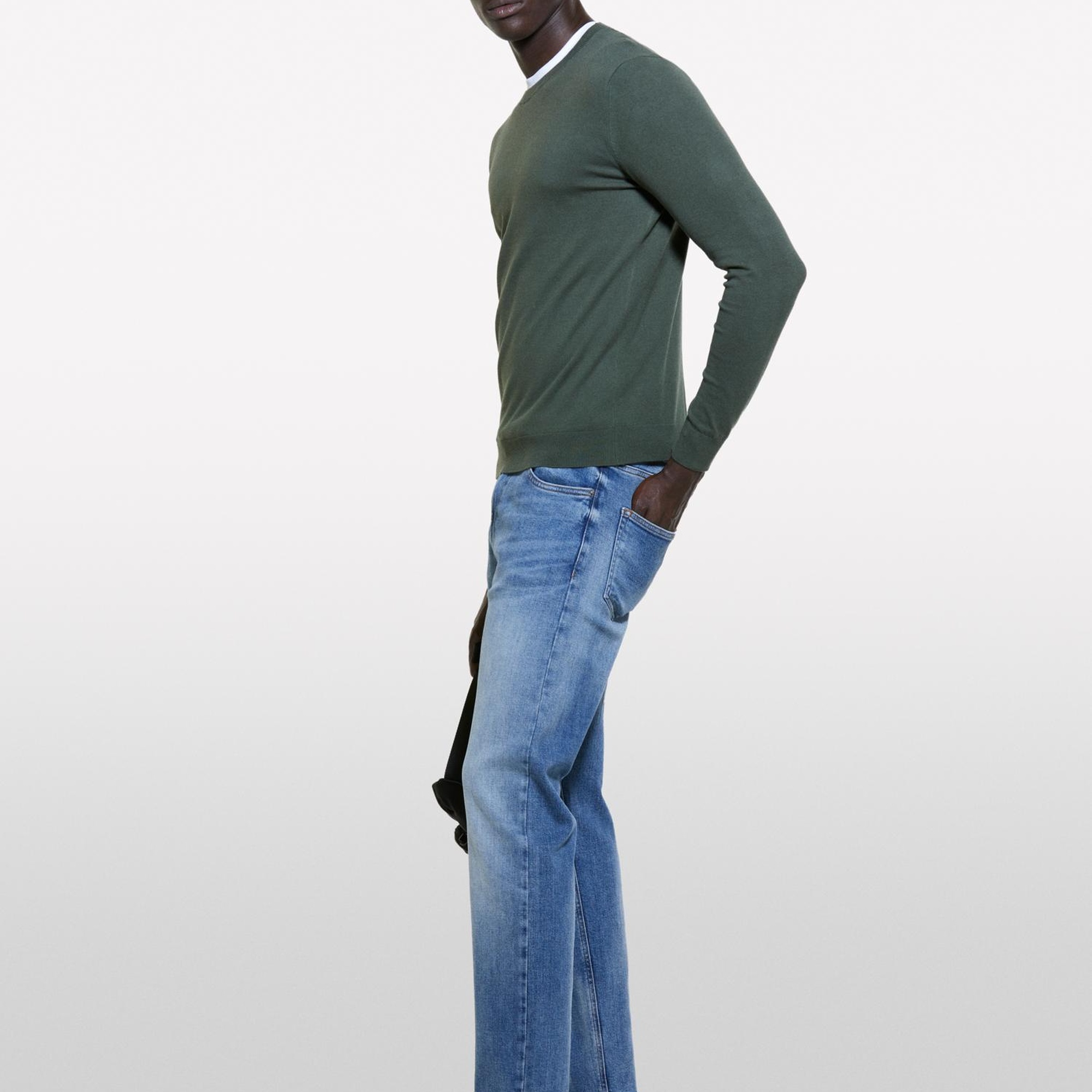 Erkek Koyu Yeşil Pamuk Karışımlı Normal Kesim Uzun Kollu Ribanalı Kazak