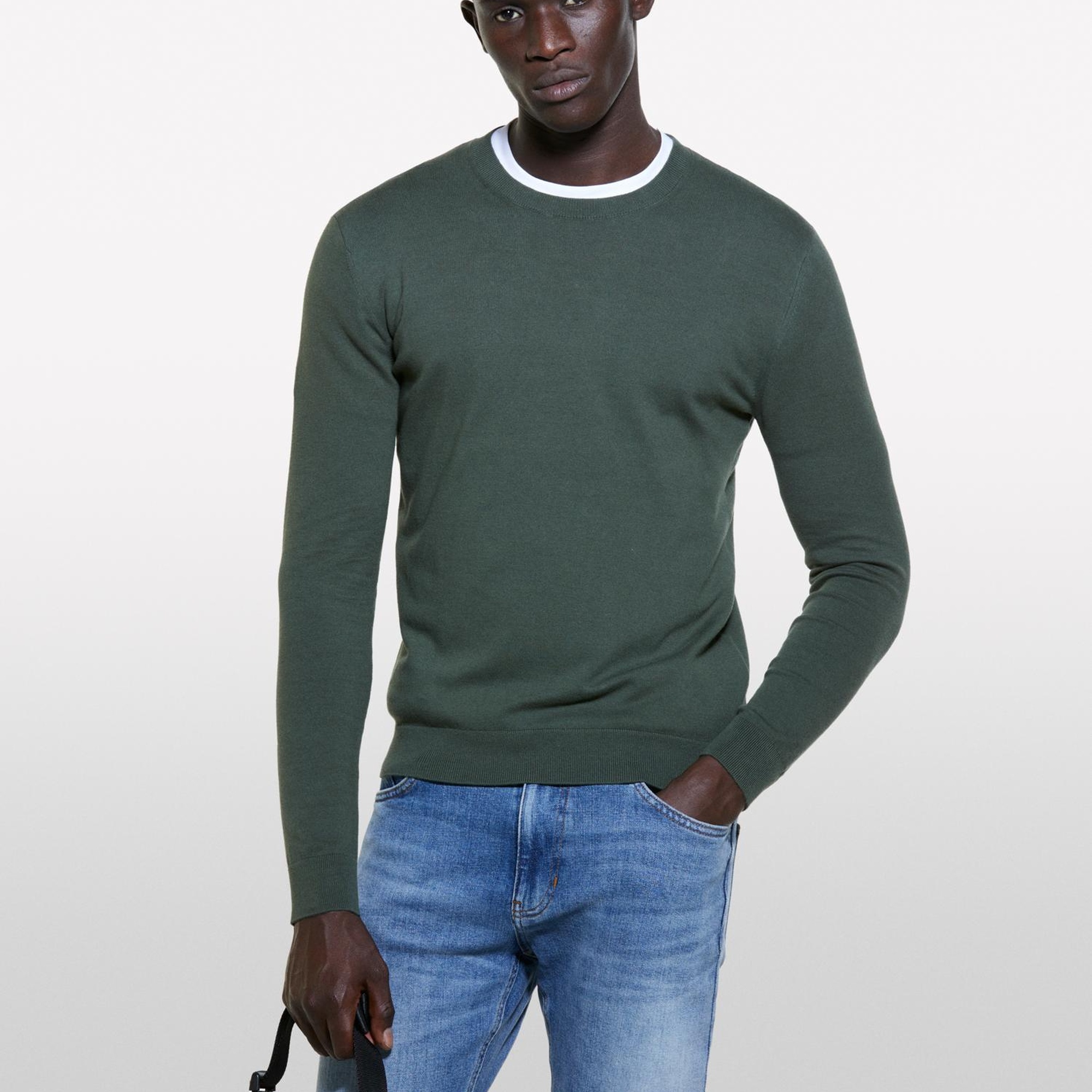 Erkek Koyu Yeşil Pamuk Karışımlı Normal Kesim Uzun Kollu Ribanalı Kazak