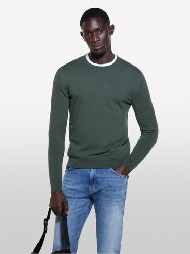  Erkek Koyu Yeşil Pamuk Karışımlı Normal Kesim Uzun Kollu Ribanalı Kazak