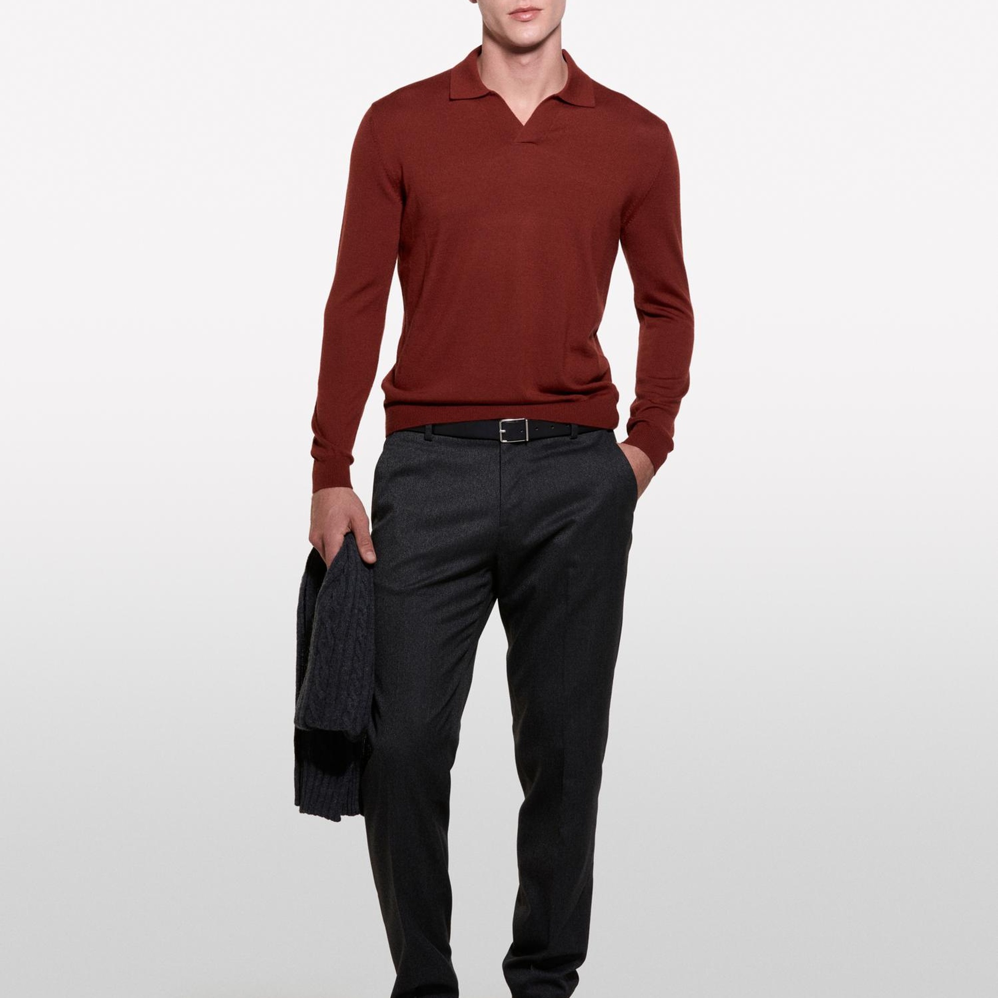 Erkek Bordo Yün Karışımlı Normal Kesim Uzun Kollu Polo Yaka T-Shirt