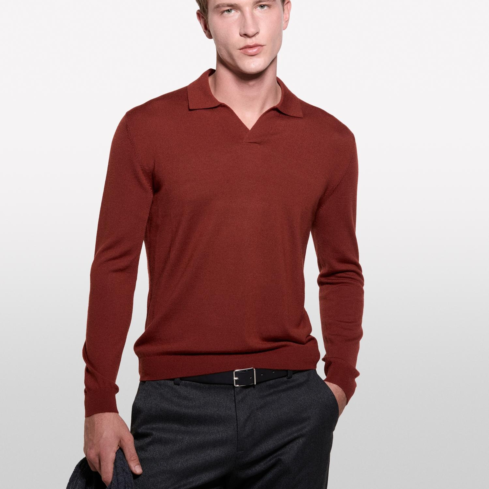 Erkek Bordo Yün Karışımlı Normal Kesim Uzun Kollu Polo Yaka T-Shirt